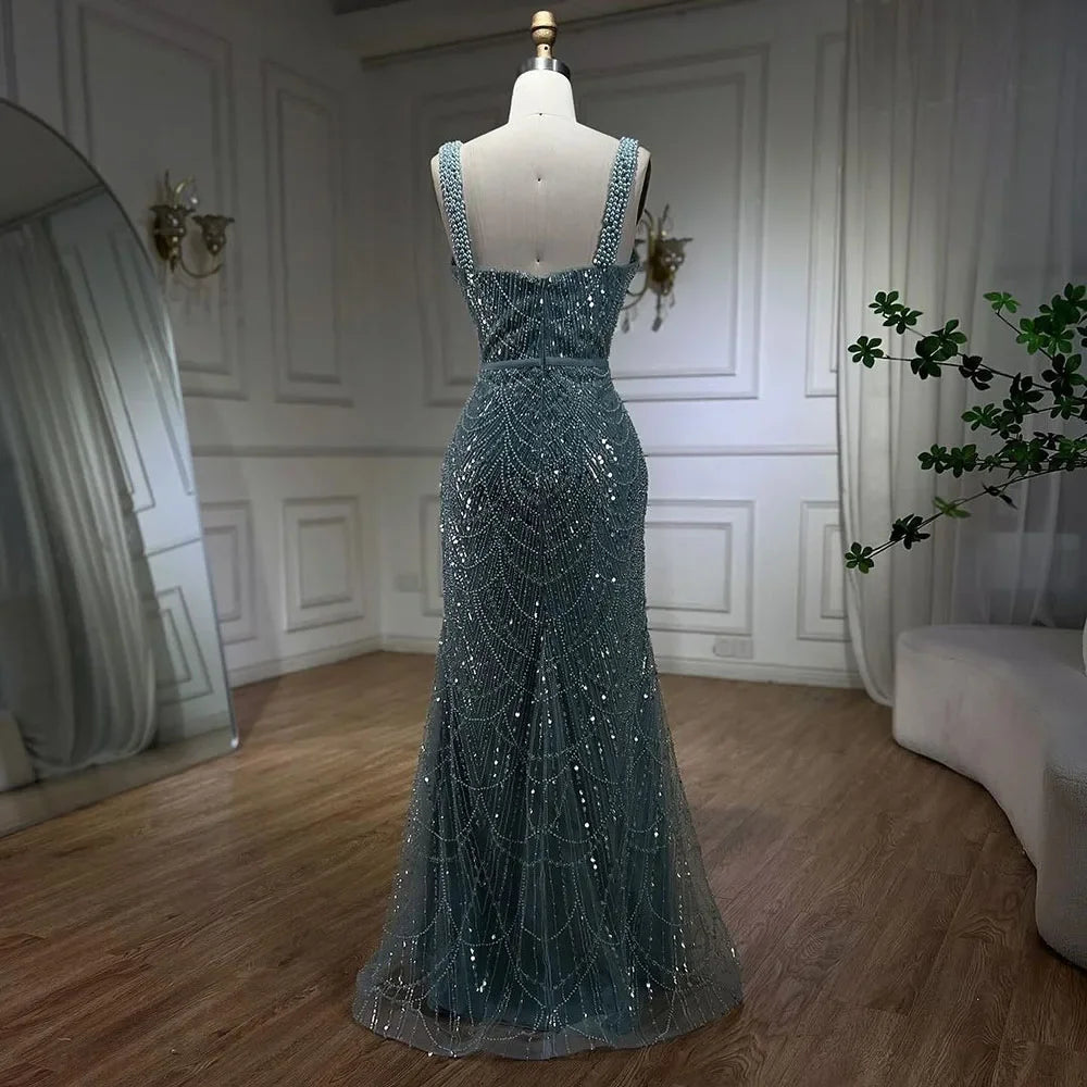 Serene Hill Turquoise Mermaid Beaded Pearls Spaghetti Strap Floor Length Evening Gown - Women's Formal Party Dress 2025 LA72032C | Perfect for Prom, Gala, Wedding & Special Occasions