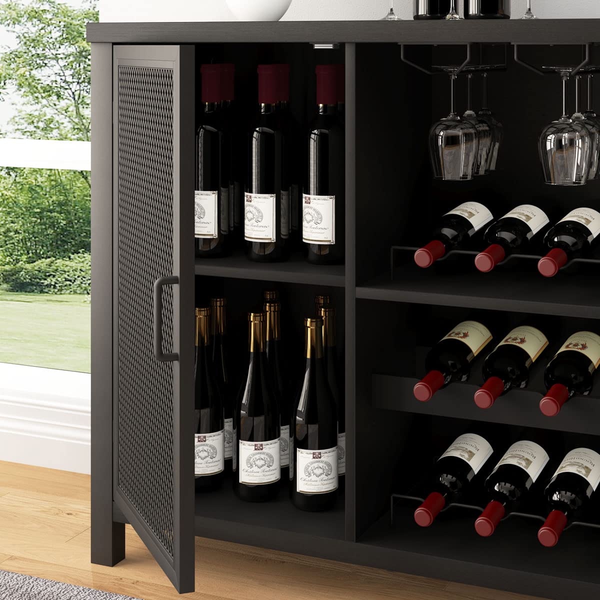 IBF 55 Inch Black Oak Industrial Coffee & Liquor Cabinet with Wine Rack Storage - Farmhouse Style Kitchen Buffet for Home, Living Room & Dining Room | Perfect for Entertaining Guests & Organizing Beverages