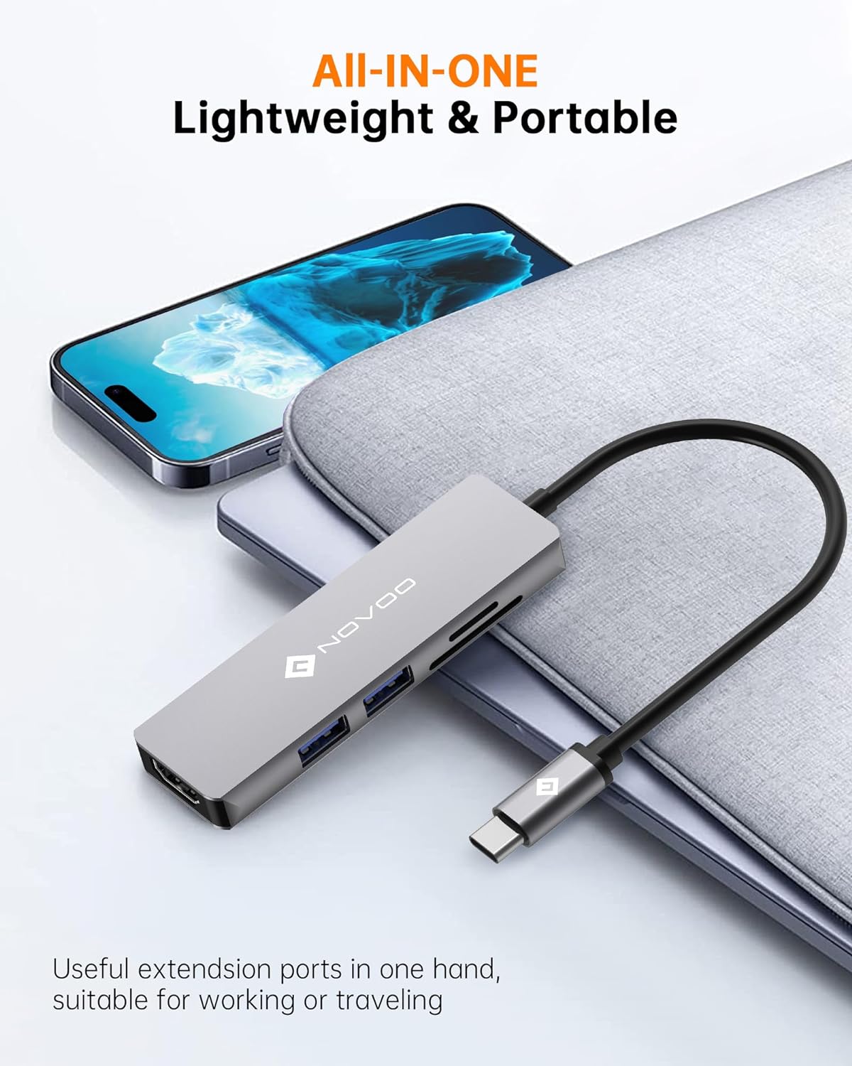 NOVOO 5-in-1 USB C Hub with HDMI, USB 3.0, SD/TF Card Reader - Portable Multi-Port Adapter for MacBook, Chromebook, iPad Pro - Perfect for Home Office, Travel & Video Conferencing