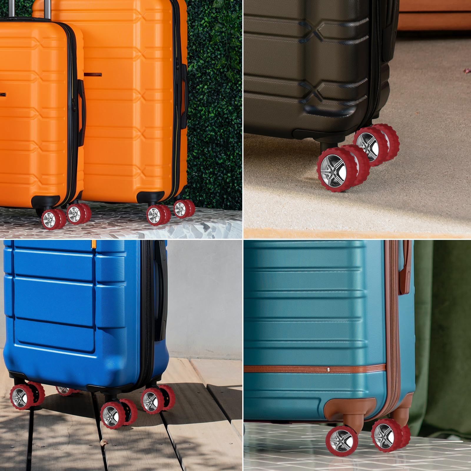 8pcs Silicone Luggage Wheel Covers - Universal Spinner Suitcase Caster Protectors, Noise Reduction & Anti-Wear Travel Accessories for Most 8-Wheel Luggages (Dark Red) - Perfect for Airports, Hotels & Smooth Rolling on Various Surfaces