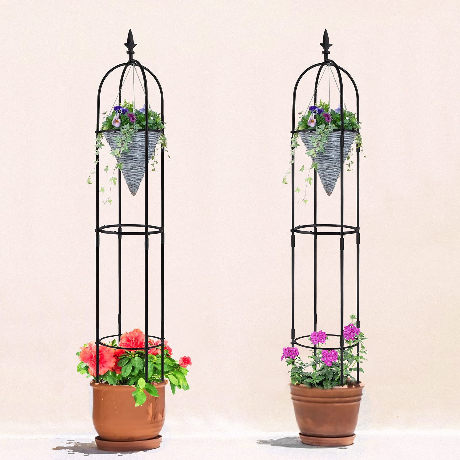 2 Pack Rustproof Plastic Coated Metal Garden Trellis for Climbing Plants - Outdoor Plant Support Obelisk, Indoor Potted Plant Stake, Tomato Cage for Roses & Vegetable Vines | Perfect for Gardens, Patios, and Balconies