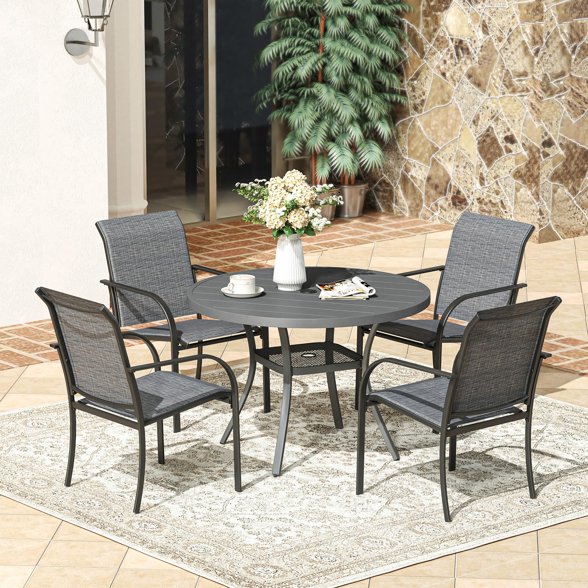 VICLLAX 41 Inch Round Outdoor Dining Table with Umbrella Hole - Metal Patio Table for Garden, Lawn, Balcony & Deck - Weather-Resistant Dark Grey - Perfect for Backyard BBQs, Poolside Dining & Outdoor Entertaining