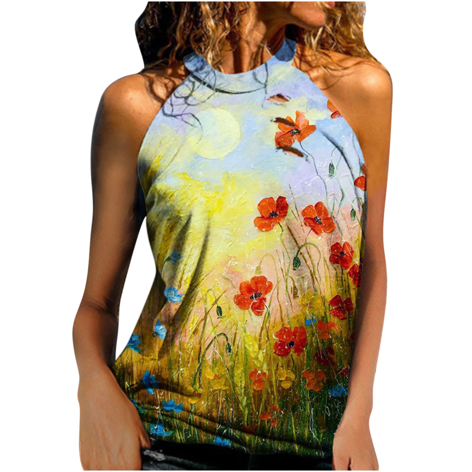 Women's High Neck Sleeveless Graphic Tunic Tee - Summer Cute Tank Top & Halter Blouse for Casual Wear, Beach Outfits, and Street Style Fashion