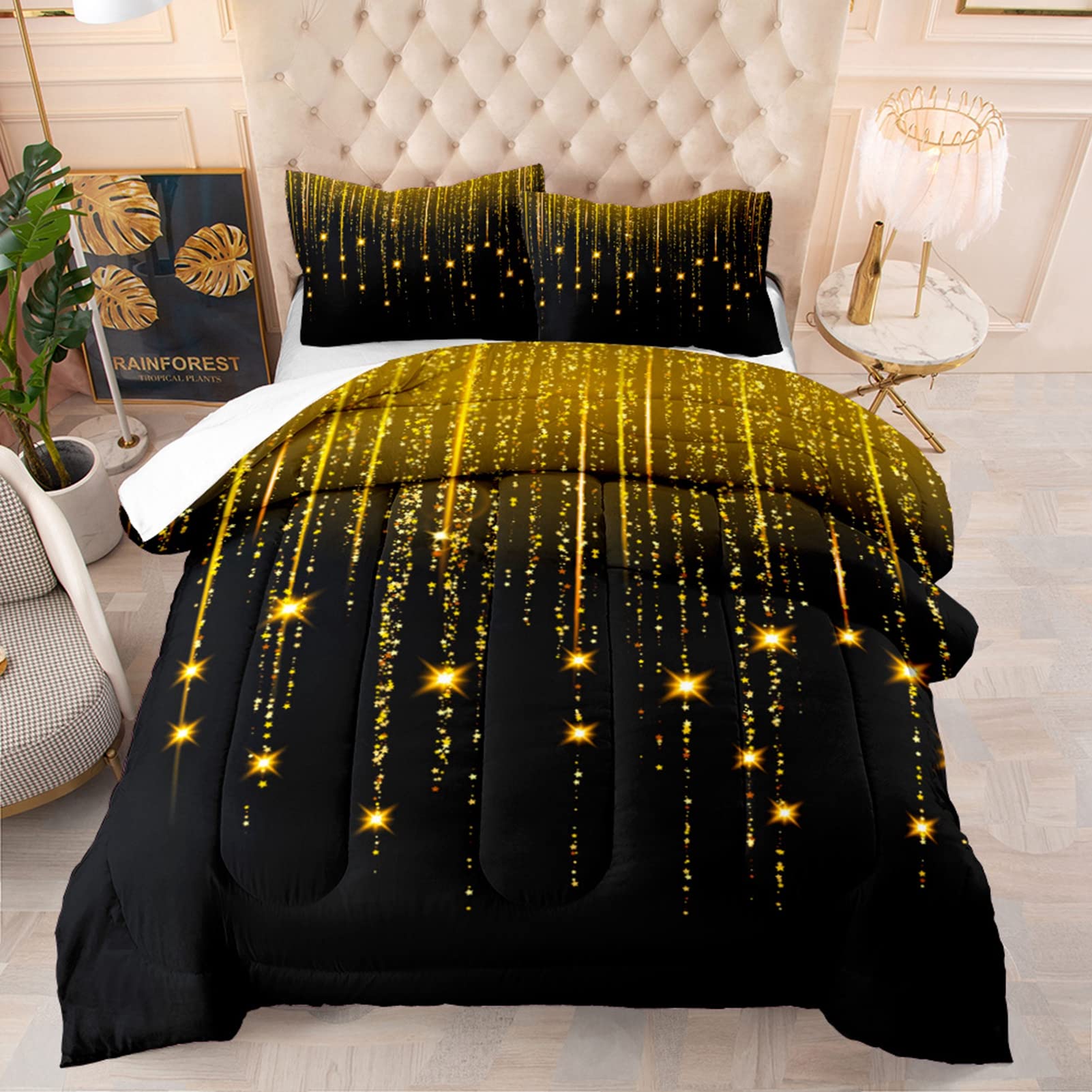 Starry Sky Bedding Set - Blue Twin Size Comforter with Gold Glitter Stars & Fireworks Design for Girls - Includes 1 Comforter + 1 Pillowcase - Perfect for Kids' Bedroom, Sleepovers & Cozy Nights