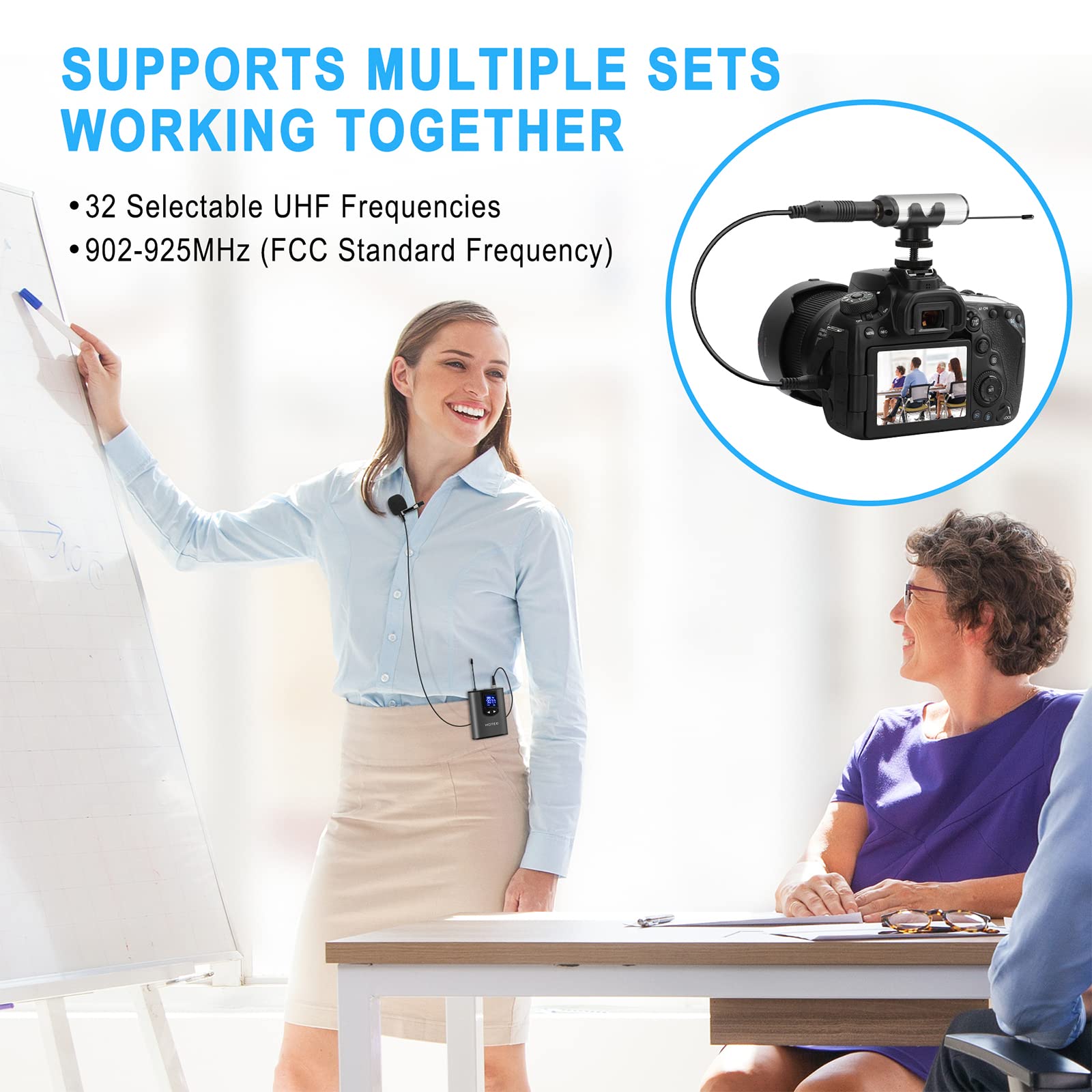 Hotec Professional Wireless Microphone System - Dual Headset & Lavalier Lapel Mics with Bodypack Transmitters & Rechargeable Mini Receiver (1/4