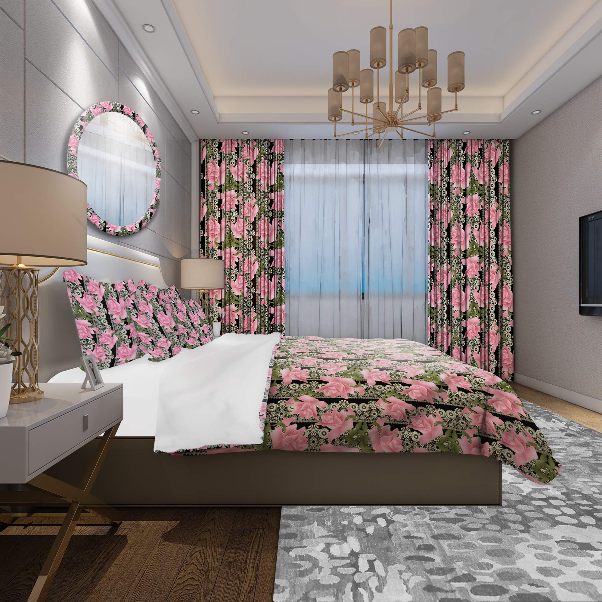 DesignQ Black Lace Roses Nautical Coastal Duvet Cover Set - Pink Twin Size 3-Piece Floral Bedding | All-Season Comfort for Beach House, Guest Room & Coastal-Themed Bedroom Decor