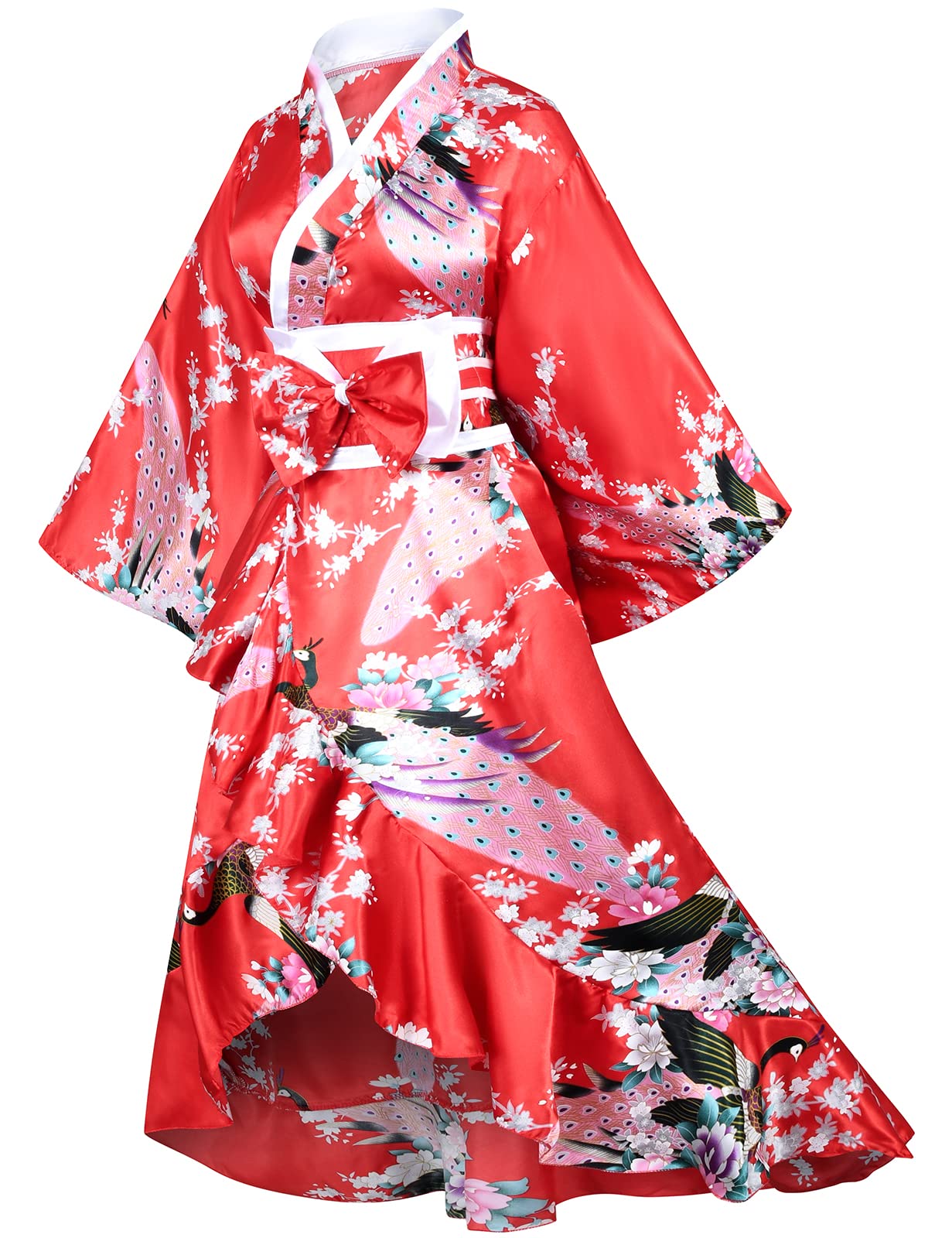 Japanese Women's Kimono Robe - Elegant Geisha Yukata with Ruffle Sleeves, Blossom Print Satin Bathrobe & Sleepwear Set with Tabi Socks | Perfect for Spa Days, Cosplay, Loungewear & Themed Parties