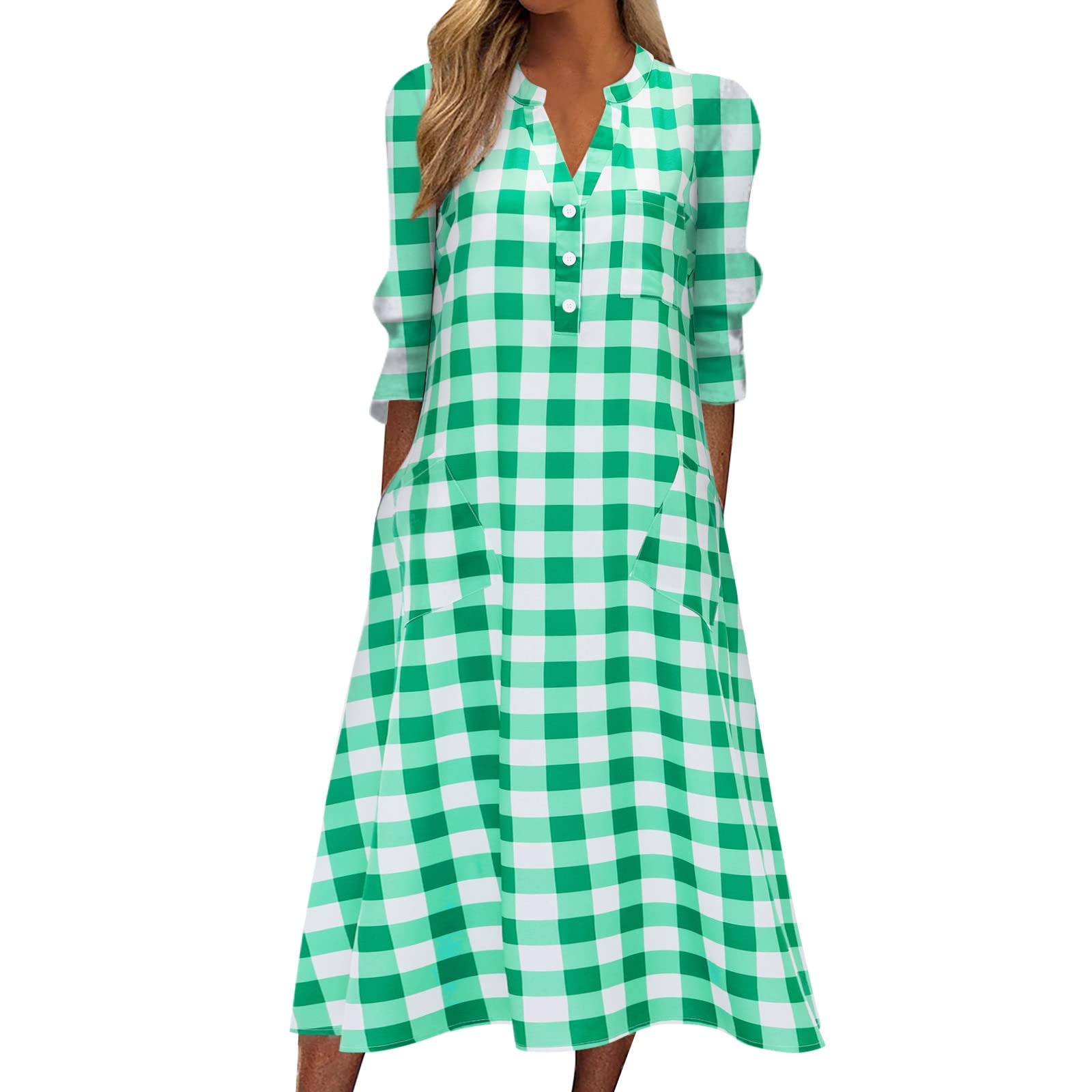 Stylish Women's Midi Dress - Casual Button Down V-Neck Long Sleeve Pocket Dress with Flowy Fit | Perfect for Holidays, Office Wear & Everyday Outfits