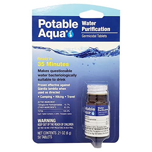 Potable Aqua Water Purification Tablets - 50 Count Bottle for Emergency Preparedness, Camping & Hiking - Safe Drinking Water Treatment Solution