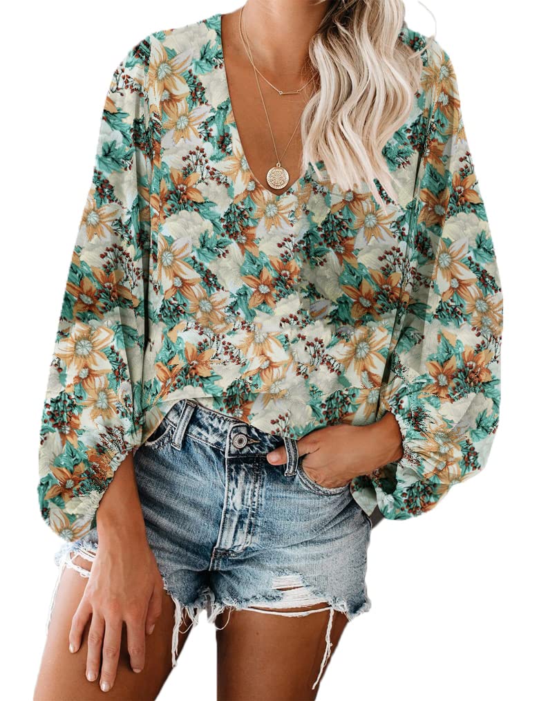 Qearal Women's Boho Floral Print Long Sleeve Chiffon Blouse - Loose Fit Tunic Top for Casual Wear, Office & Spring Outfits