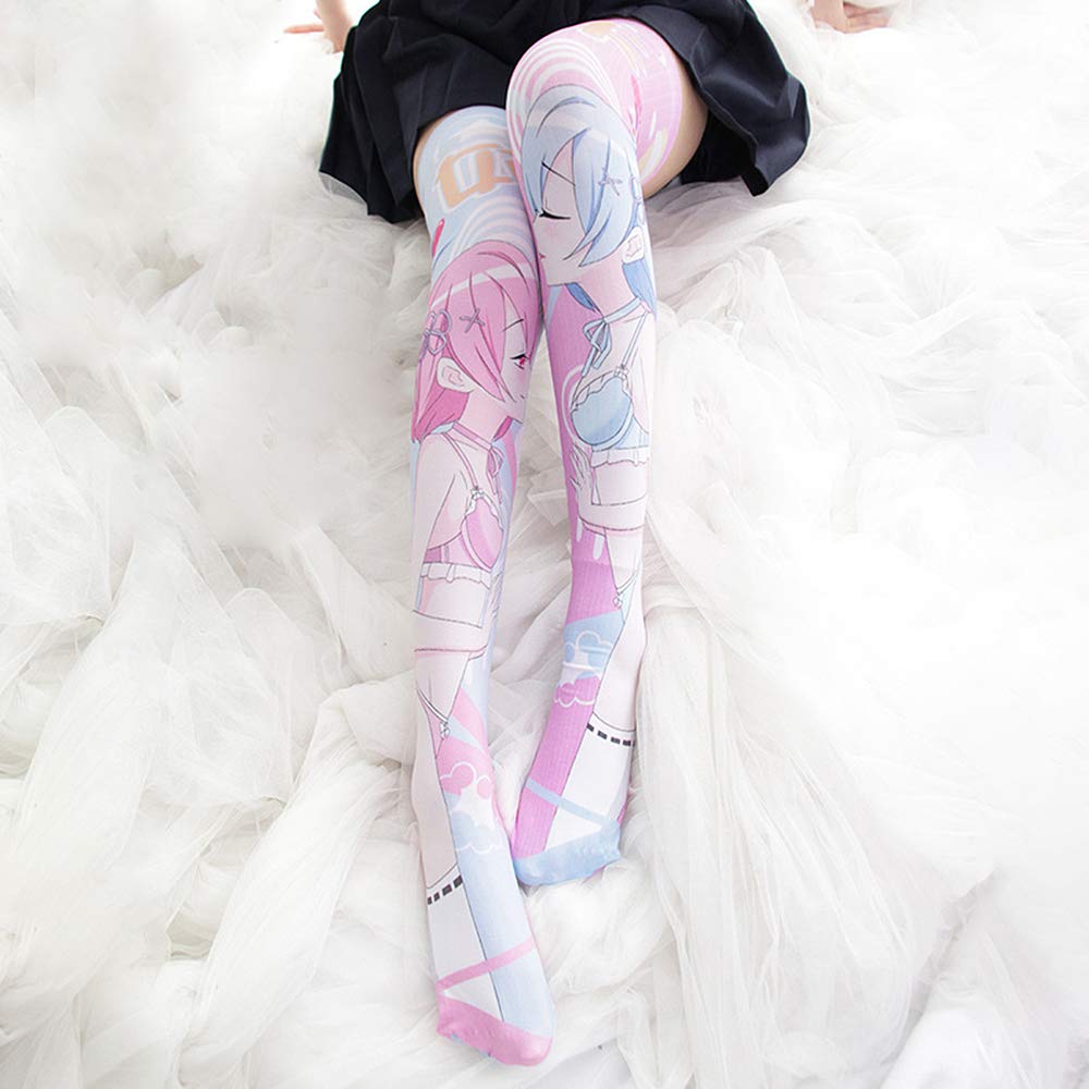YOMORIO Anime Cosplay Stockings - Rem and Ram Cute Knee High Socks for Costume, Halloween, Conventions & Kawaii Fashion Outfits