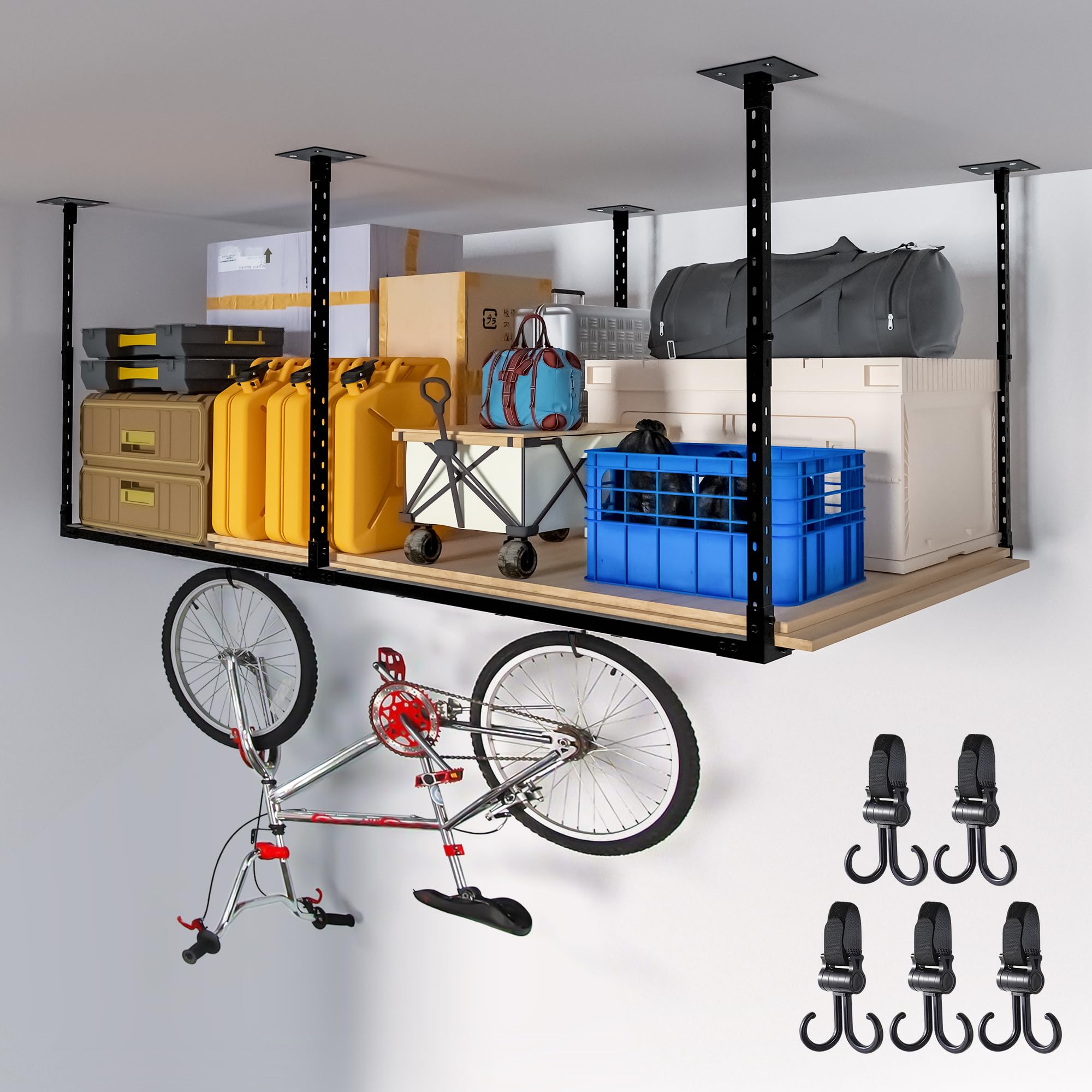 Heavy Duty Overhead Garage Storage Rack 4x8ft - Adjustable Metal Ceiling Storage System with Bottom Plate & 5 Hooks - 1320Lbs Capacity - Black - Perfect for Organizing Tools, Sports Equipment & Seasonal Items in Garage