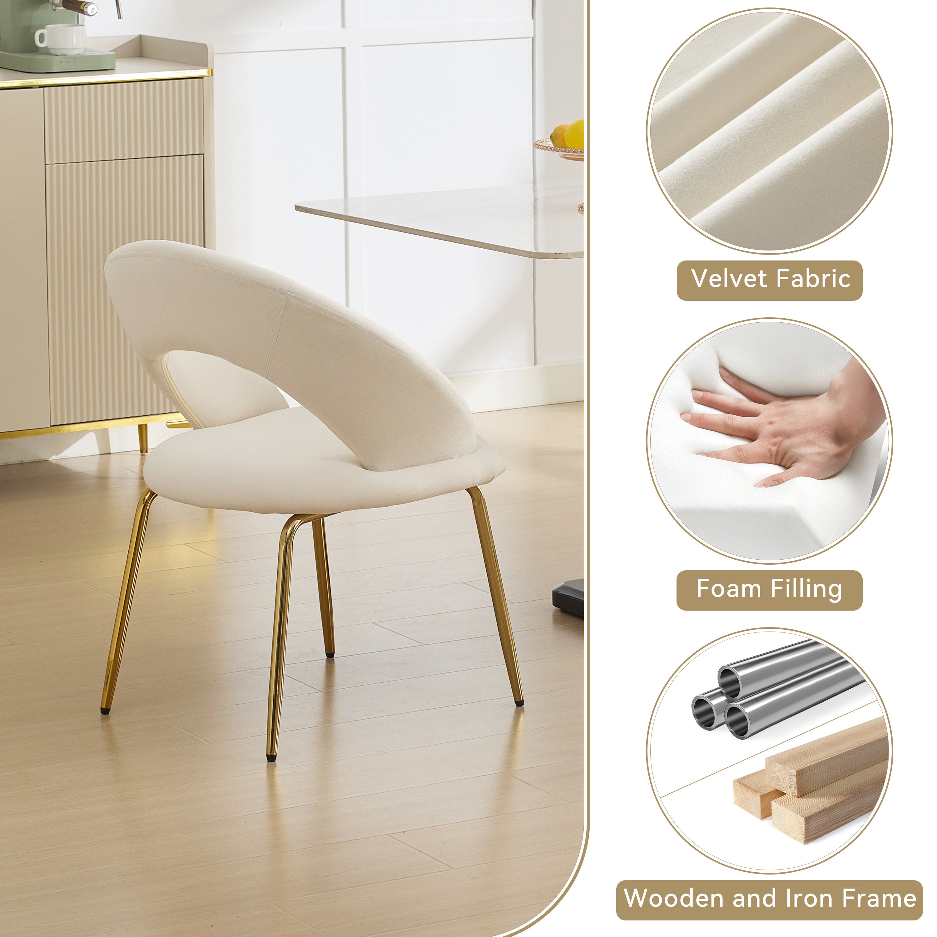 Velvet Dining Chairs Set of 1 - White Upholstered Kitchen Chairs with Curved Backrest & Gold Metal Legs for Dining Room, Restaurant or Home Decor