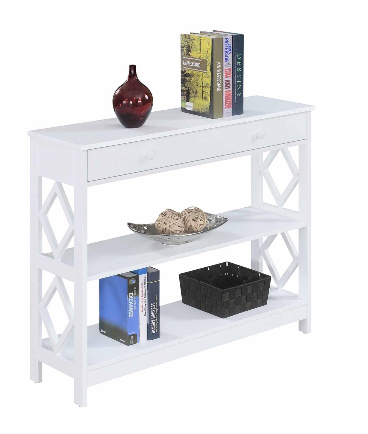 Convenience Concepts Diamond 1 Drawer Console Table - White Entryway Sofa Table with Storage for Living Room, Hallway & Bedroom Decor