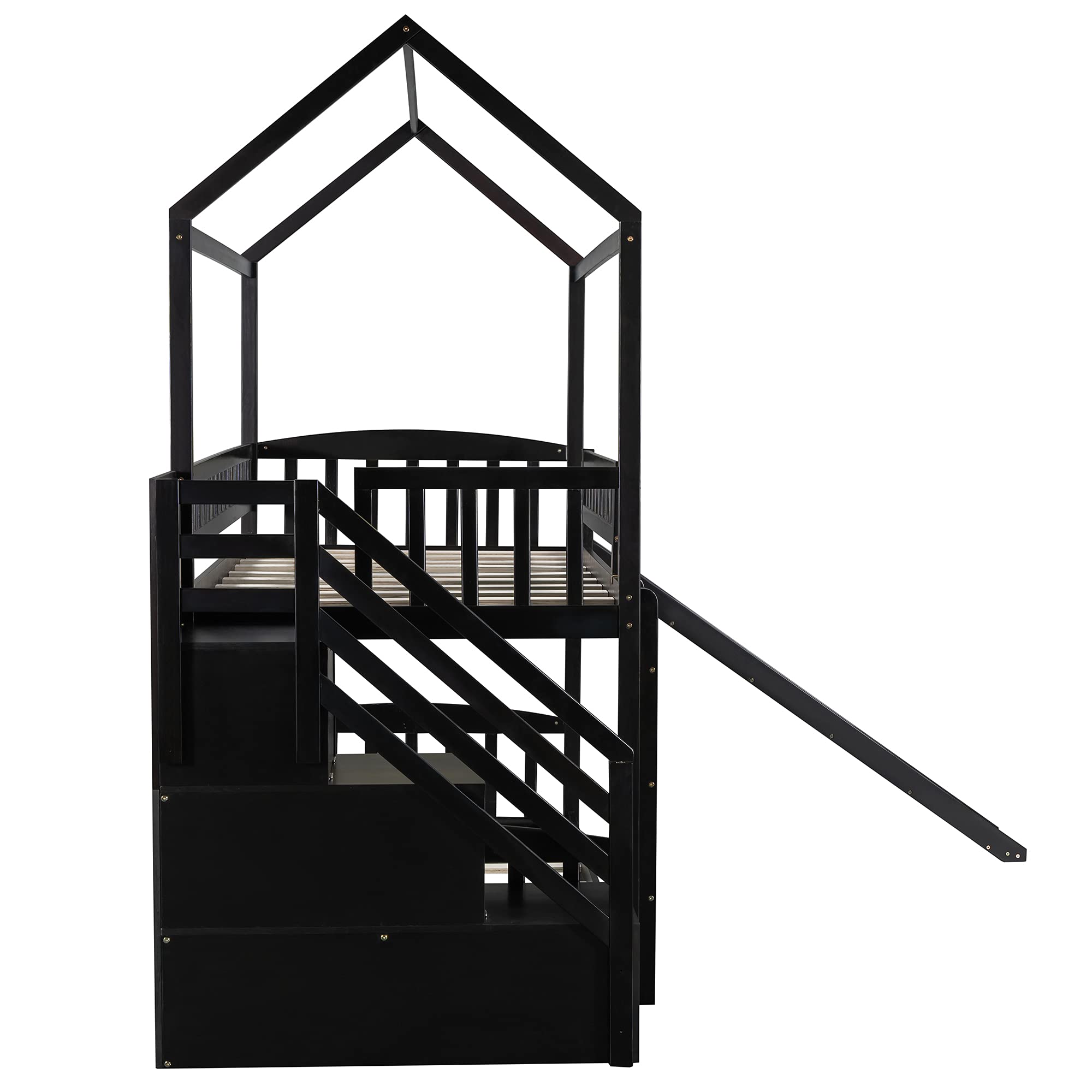Twin Over Twin Wooden House Bunk Bed with Slide, 2 Drawers, Roof & Guardrails - Kids/Teens Bedroom Furniture, No Box Spring Needed (Espresso) - Perfect for Space-Saving Kids Rooms, Sleepovers & Play Areas