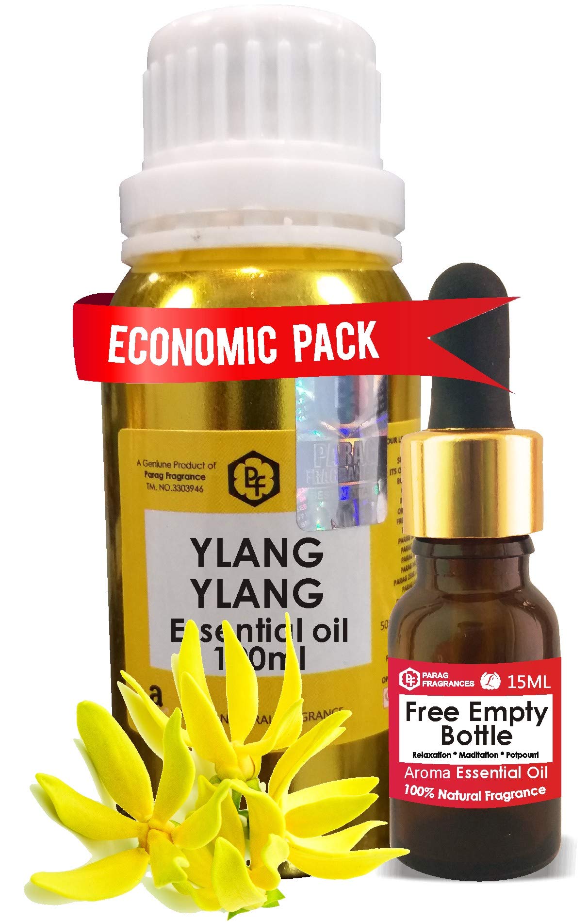 Parag Fragrances Ylang Ylang Essential Oil 100ml - 100% Pure Organic Steam Distilled for Aromatherapy, Relaxation & Skin Care - Includes Free Easy-Use Bottle for Diffusers, Massage & Home Spa