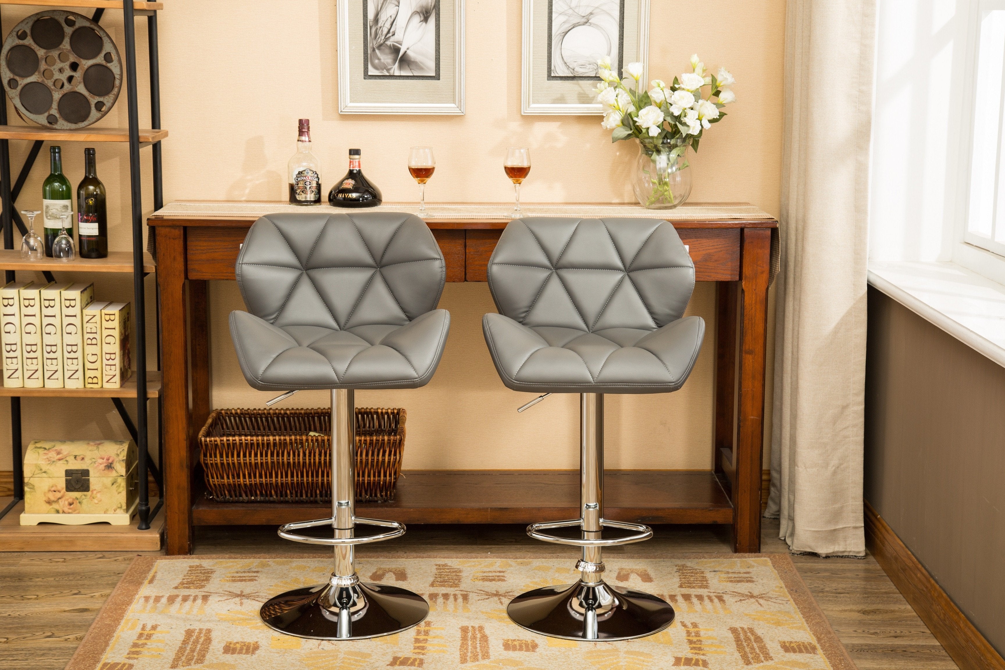 Roundhill Furniture Glasgow Contemporary Tufted Adjustable Height Hydraulic Bar Stools, Grey, Set of 2 - Perfect for Kitchen Islands, Home Bars & Modern Dining Areas