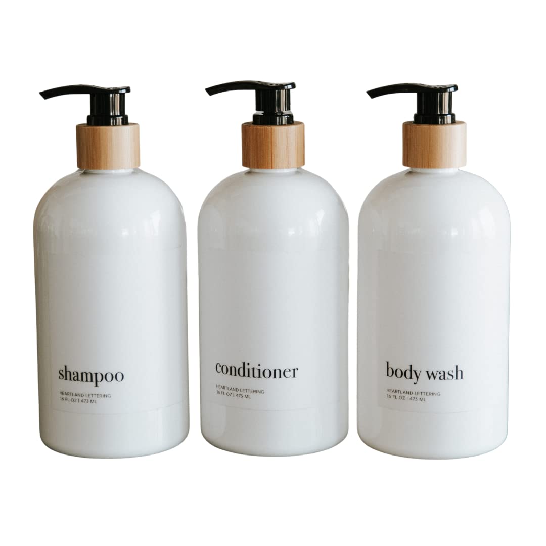 Refillable Shampoo and Conditioner Dispenser Set - 3 Pack Modern Plastic Shower Bottles with Waterproof Labels & Bamboo Pumps for Bathroom, Salon, or Travel Organization