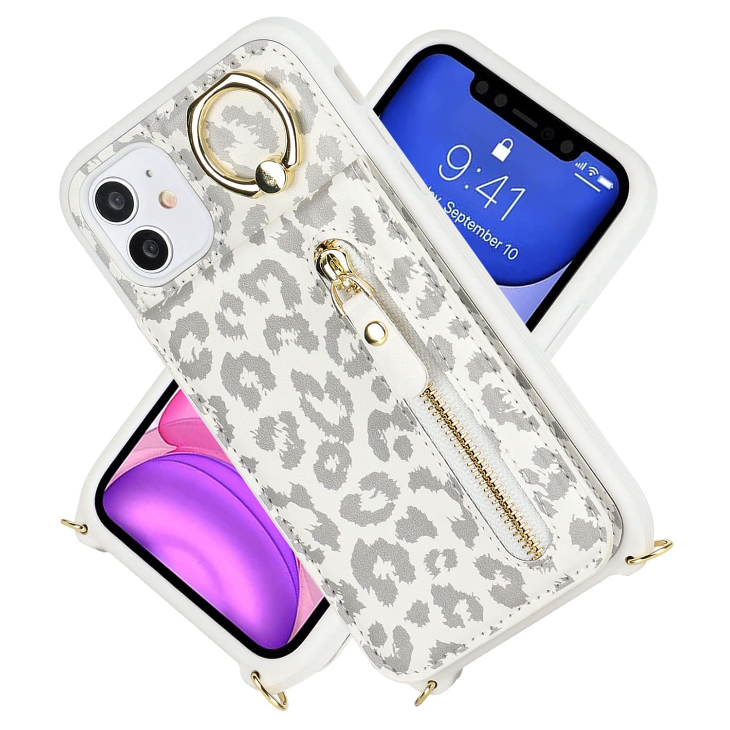 Premium Shockproof iPhone 11 Case with Card Holder & Crossbody Strap - Wallet Phone Case with Kickstand & Zipper Closure for Women | Perfect for Travel, Shopping & Everyday Use (White Leopard Design)