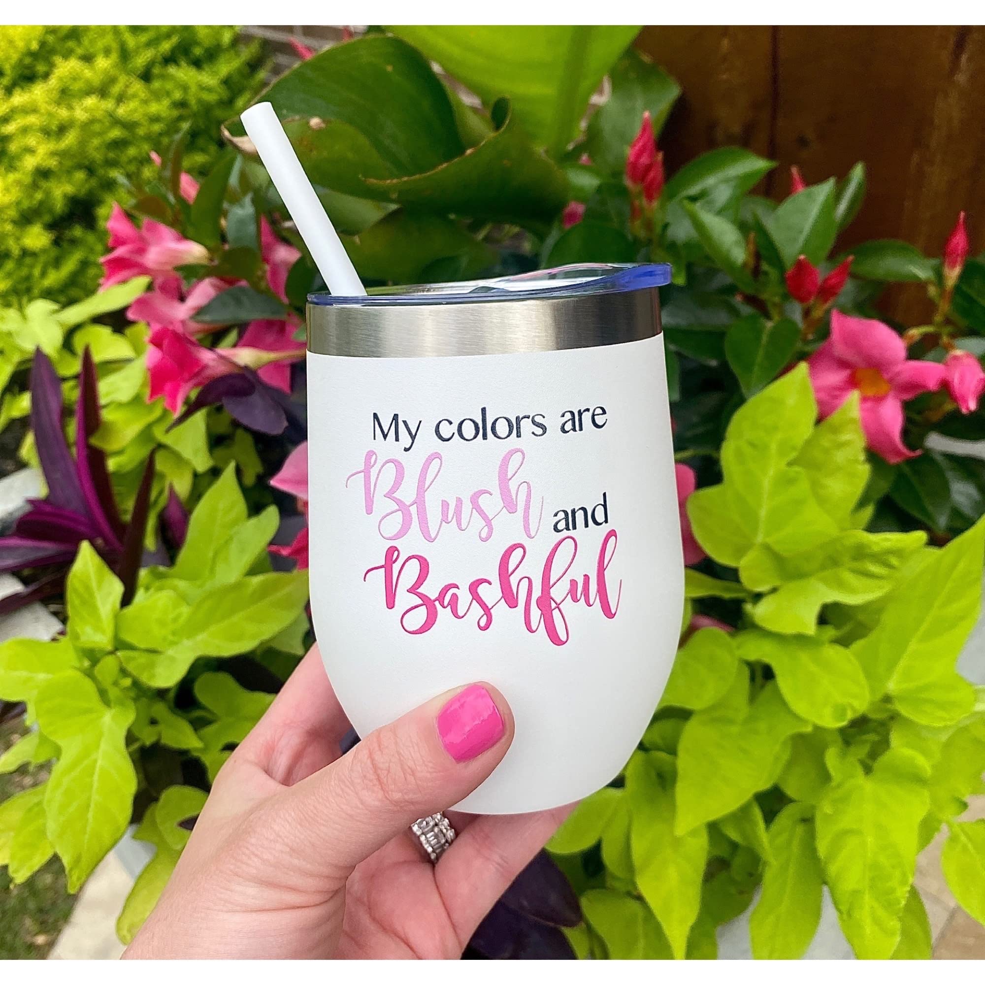 Blush & Bashful Tumbler | Steel Magnolias Inspired Gift | 80s & 90s Themed Birthday Present | White 12oz Insulated Cup for Coffee, Tea, and Daily Use