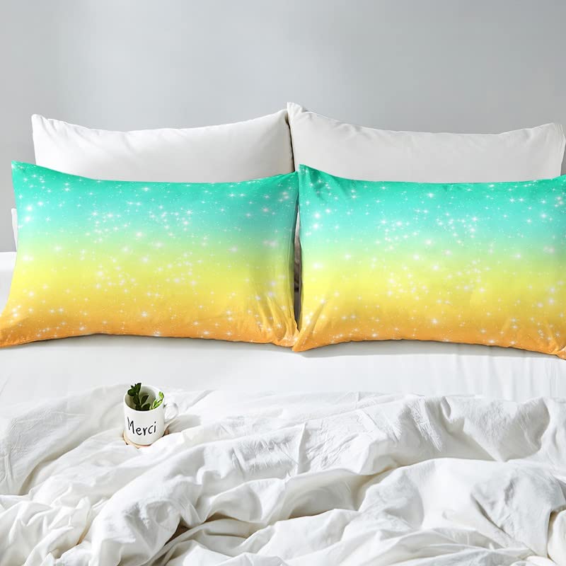 Starry Sky Gradient Bed Sheet Set - Green Yellow Ombre Fitted Sheet Twin Size for Kids, Boys & Girls - 3 Piece Space Themed Bedding with Pillowcase - Perfect for Galaxy Themed Bedrooms, Kids' Rooms & Dorm Decor