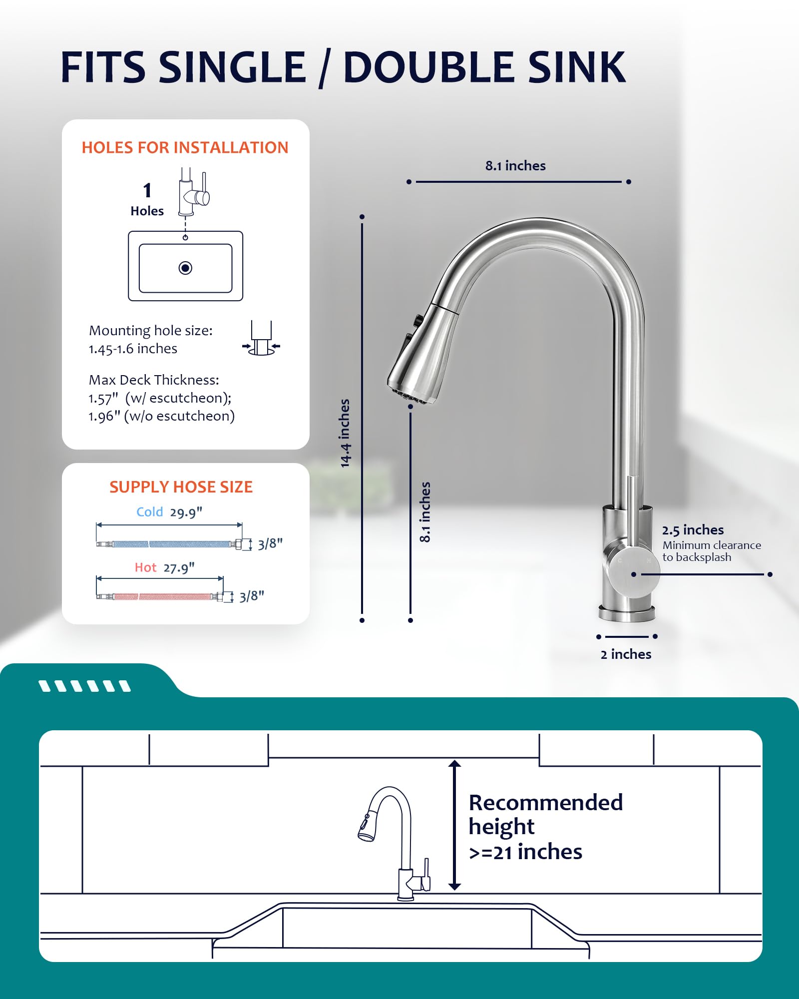 VFAUOSIT Brushed Nickel Kitchen Faucet with Pull Down Sprayer - 14.4 Inch Height, 360° Rotating Spout, Stainless Steel Single Hole Sink Faucet for 1-3 Hole Sinks | Perfect for RV, Farmhouse & Camper Kitchens