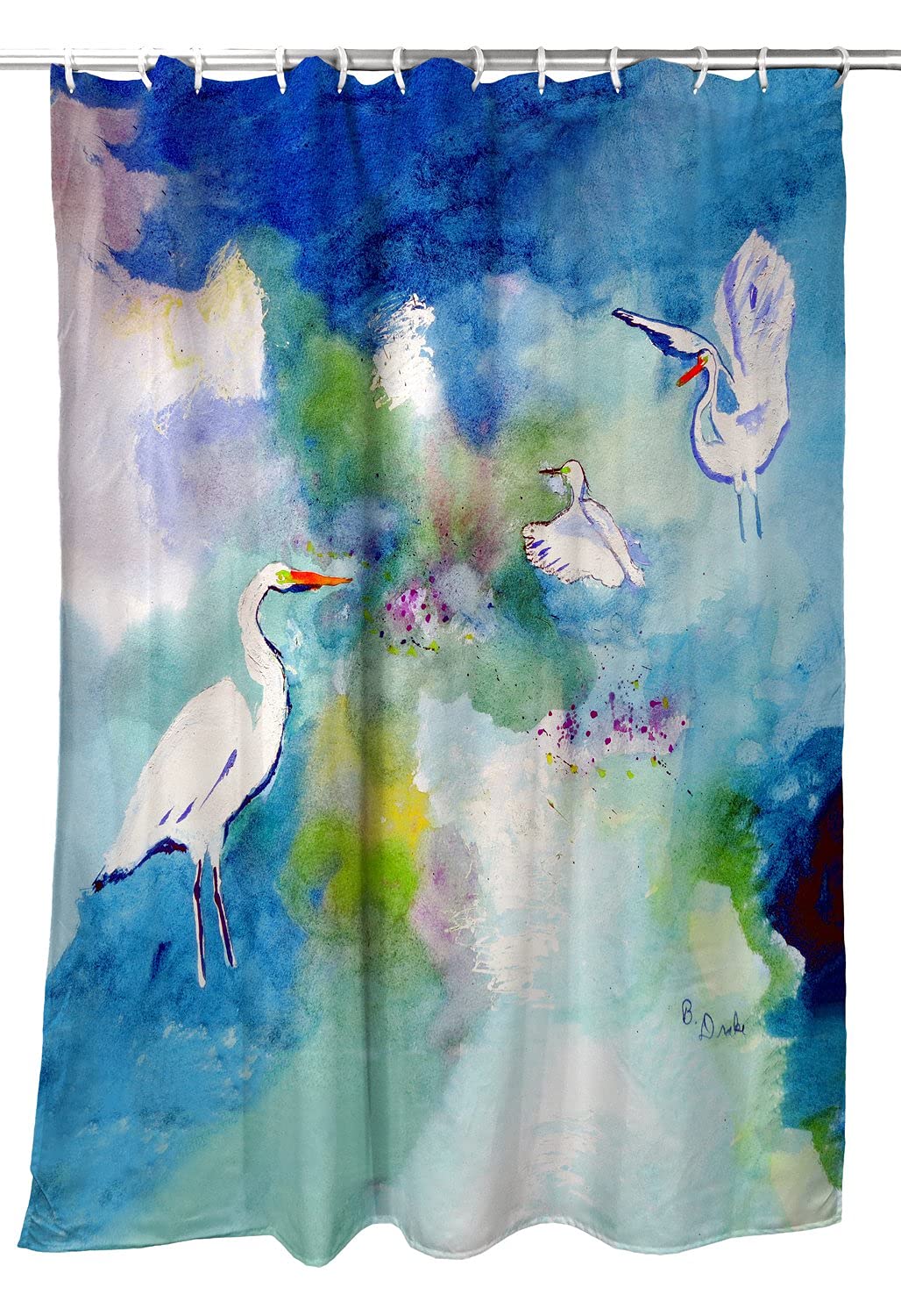 Betsy Drake Three Egrets Shower Curtain - Waterproof Bathroom Decor with Vintage Bird Design for Coastal, Farmhouse & Modern Bathrooms