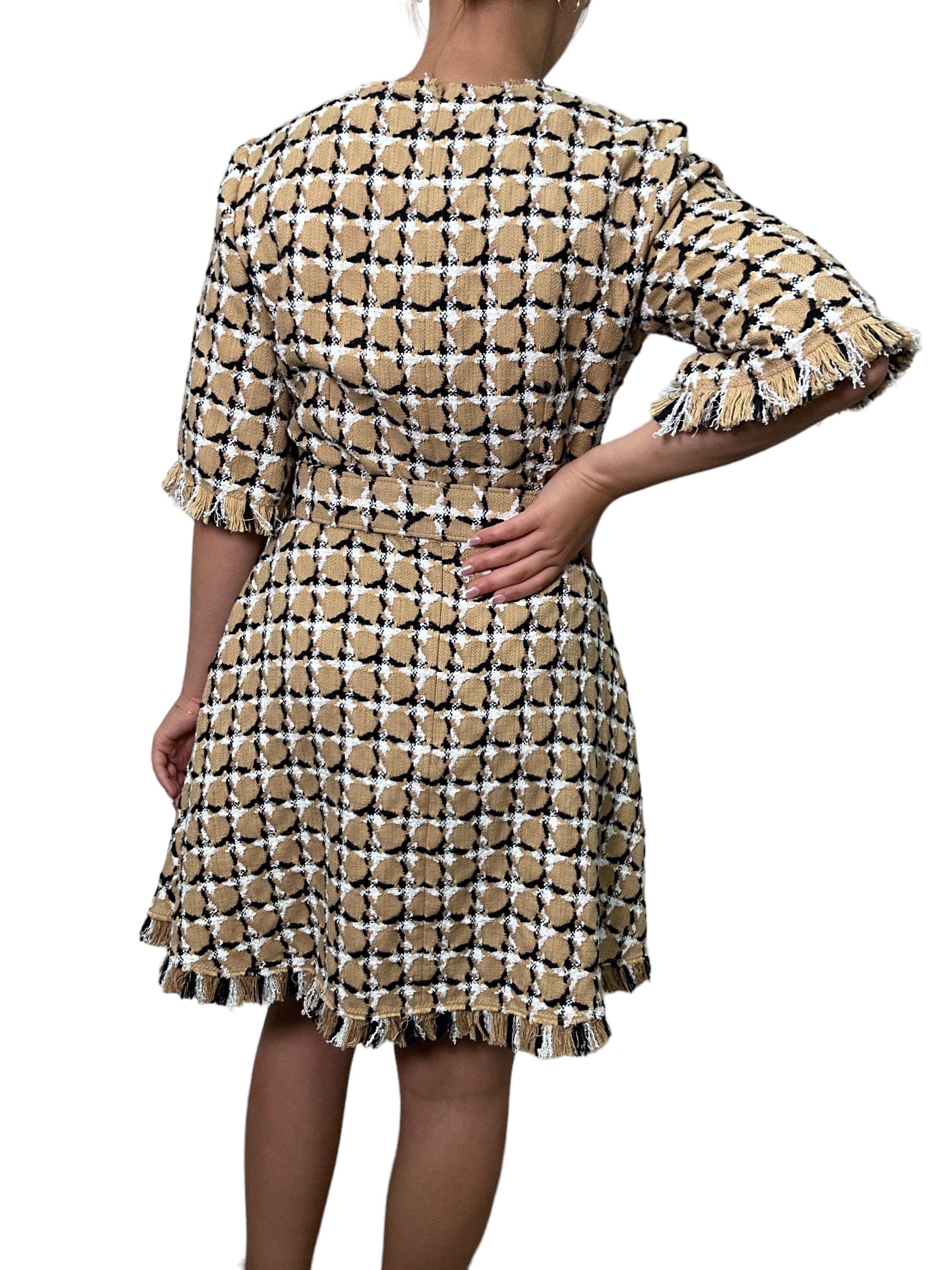 Oscar de la Renta Plaid Tweed Fringe Trim Belted Dress for Women - Size M | Elegant Cocktail Party & Holiday Season Outfit