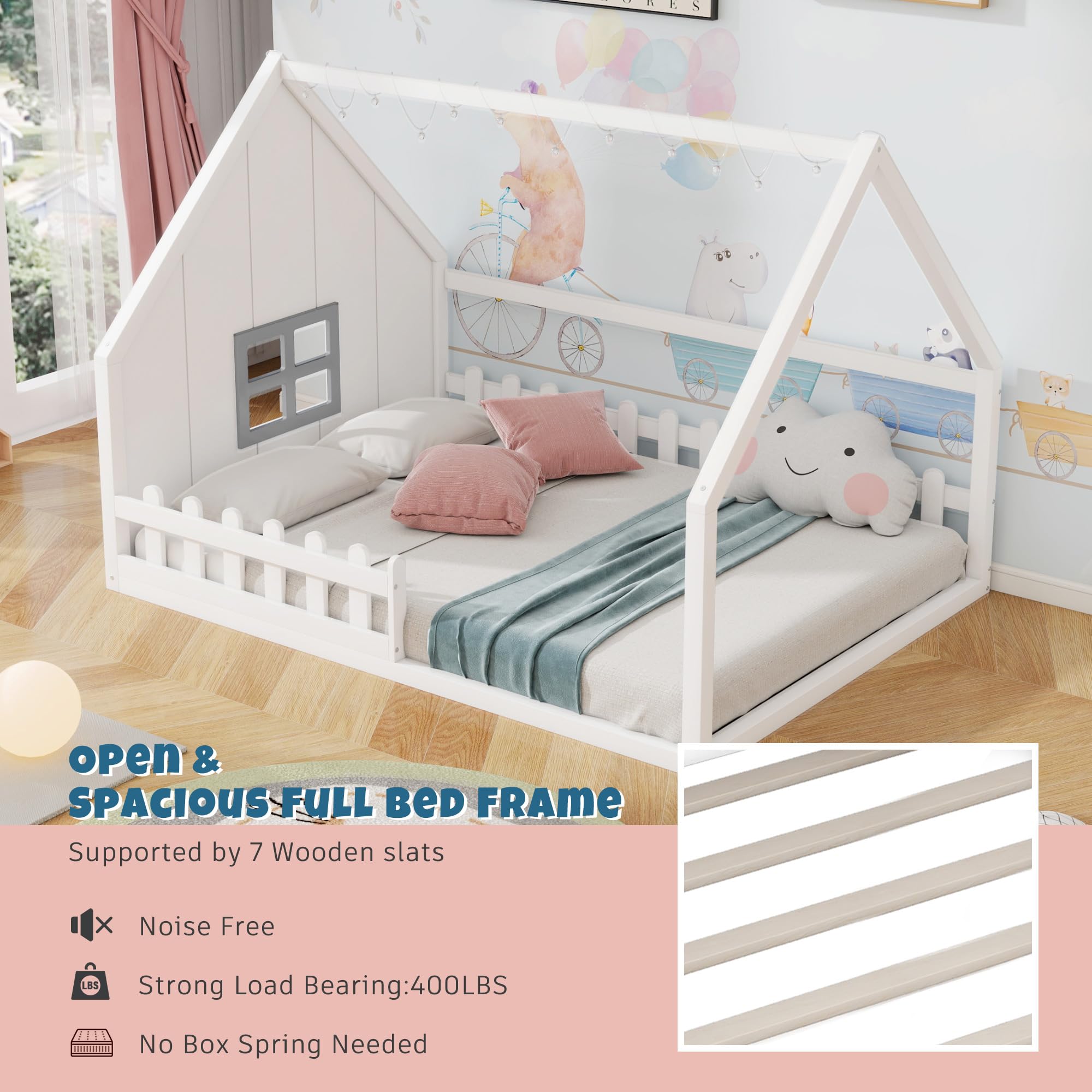 Merax Full Size Wooden Montessori Floor Bed for Kids with LED Lights, Safety Fence & Window - Toddler Bed Frame for Boys & Girls in White - Perfect for Montessori Bedrooms, Playrooms & Safe Sleep Spaces