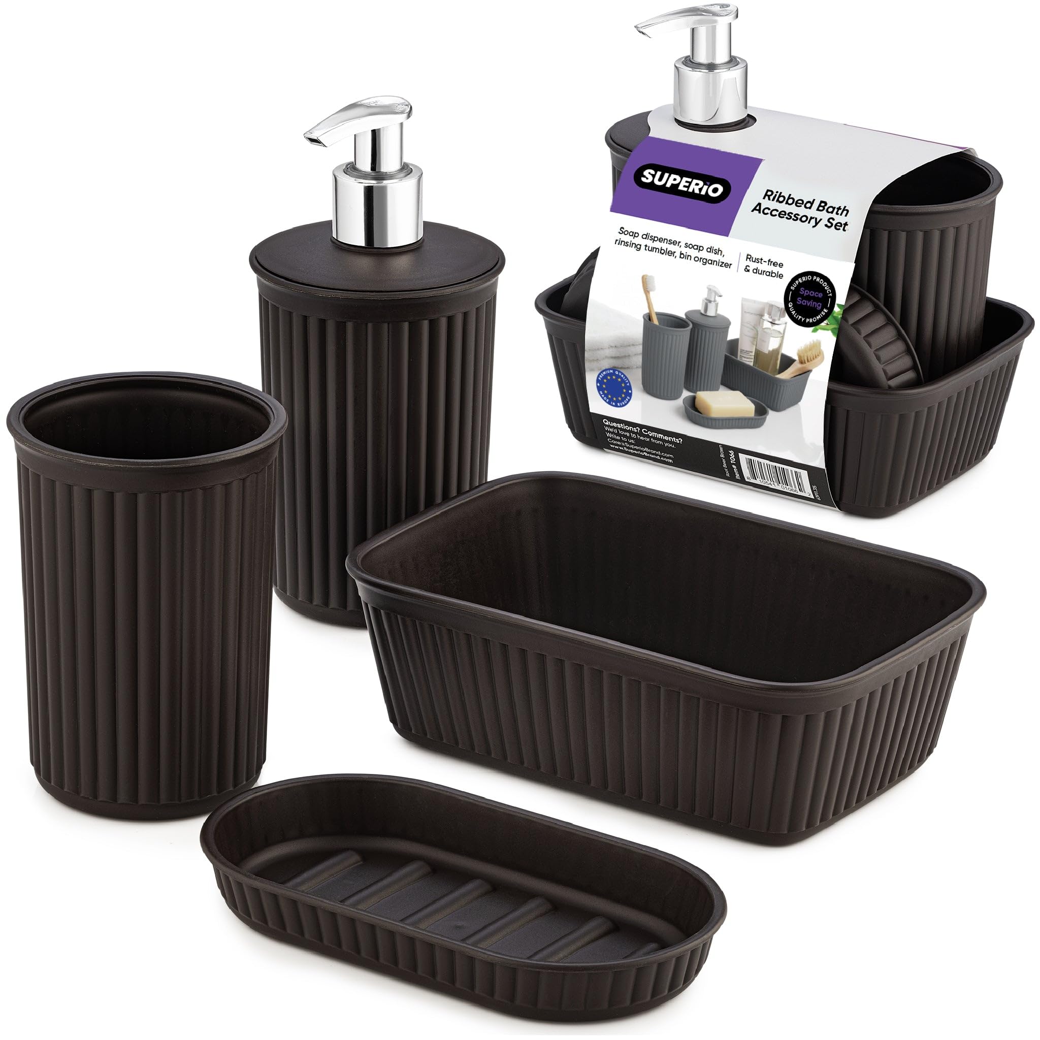 Premium Brown Ribbed Bathroom Accessories Set (4-Piece) - Soap Dish, Liquid Dispenser, Toothbrush Holder & Vanity Tray - Modern Countertop Decor for Home, Spa, Hotel & Guest Bathrooms - Perfect Housewarming Gift