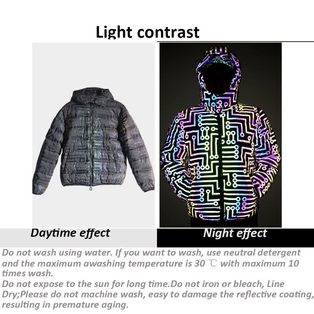 Reflective Cropped Puffer Jacket - Winter Coats for Women, Holographic Rave Outfit with Circuit Pattern (Size L) | Perfect for EDM Festivals, Streetwear & Cold Weather Fashion