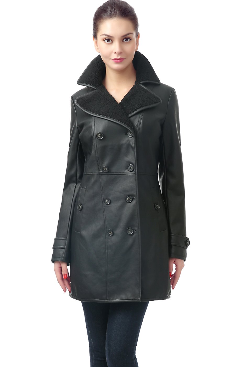 BGSD Women's 'Lorin' Faux Leather Long Walking Coat - Waterproof Windbreaker Jacket for Hiking, Travel & Outdoor Activities | Winter Fashion Trench Coat with Hood