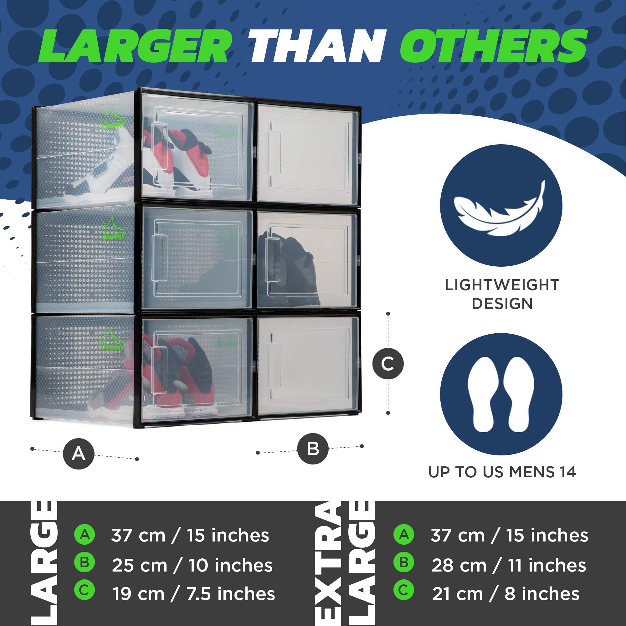 6-Pack Clear Plastic Stackable Shoe Storage Boxes - 14.6 Inches Long for Big Shoes & Sneakers | Closet Organizer for Men's & Women's Footwear | Perfect for Bedroom, Dorm, or Entryway Organization