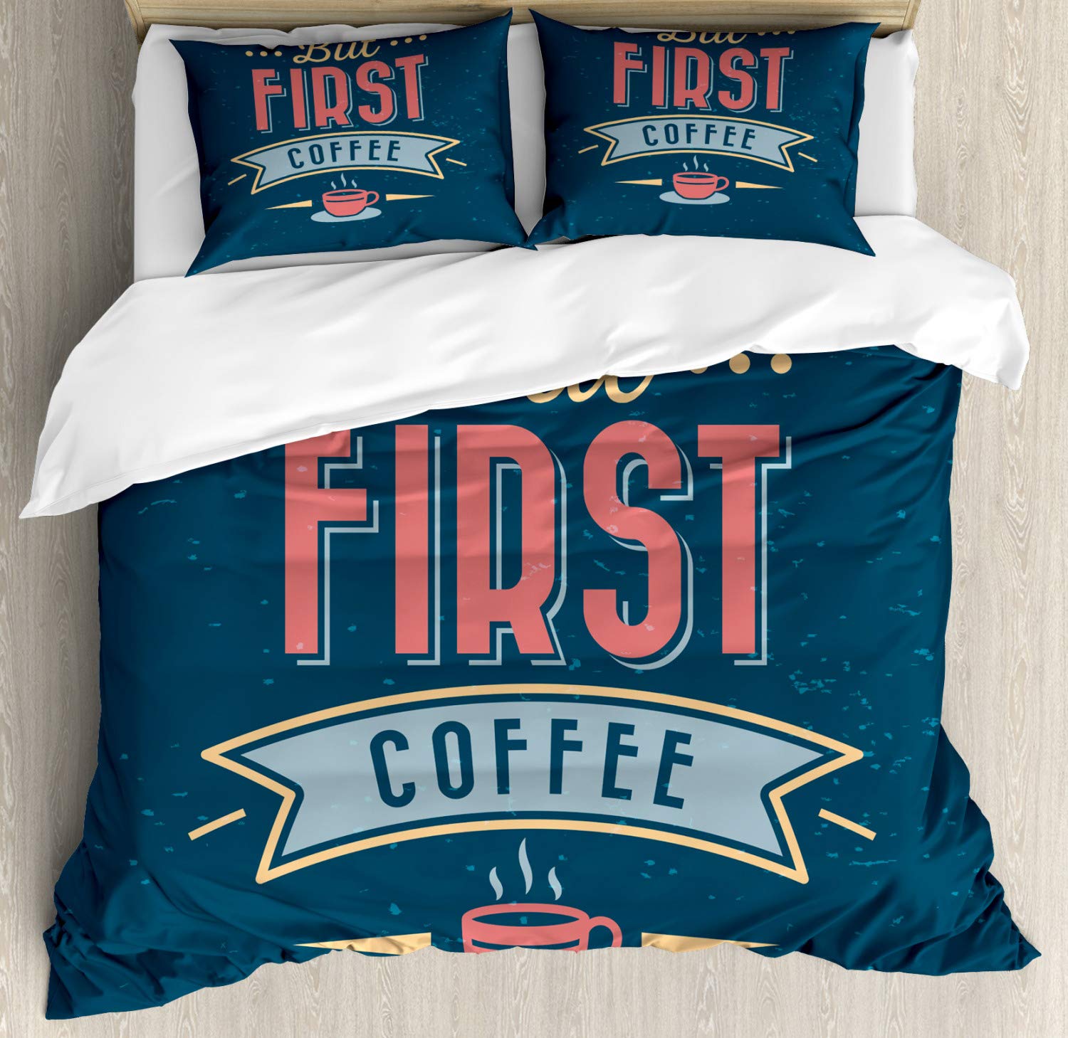 Ambesonne Coffee Lover Duvet Cover Set - Grunge Design with Inspirational Text, 3-Piece King Size Bedding Set with 2 Pillow Shams in Dark Teal & Coral | Perfect for Bedroom Decor, Gift for Coffee Enthusiasts, Cozy Home Upgrade