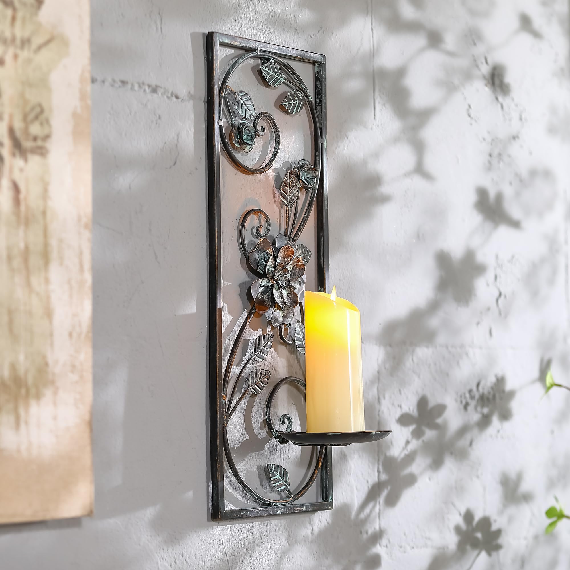 Scroll & Floral Metal Wall Candle Sconce Set of 2 - 16.5