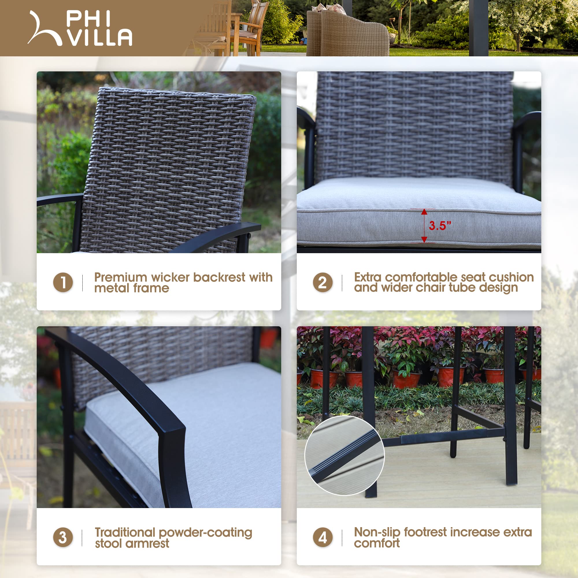 PHI VILLA 3-Piece Outdoor Patio Bar Set - 2 Rattan Bar Stools with 3.5