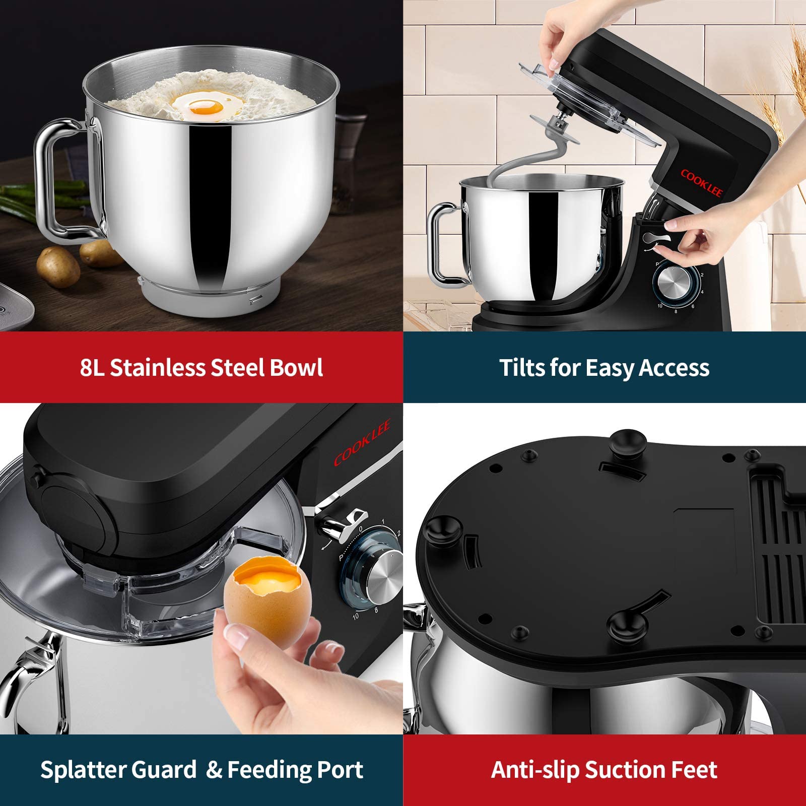 COOKLEE 6-in-1 Stand Mixer, 8.5 Qt. Powerful 800W Electric Kitchen Mixer with 9 Attachments - Dough Hook, Whisk & More - Perfect for Baking Bread, Cakes, Cookies & Pizza Dough - Ideal for Home Bakers & Professional Chefs (Black, SM-1507BM)