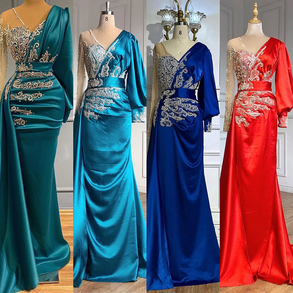 Elegant Green Mermaid Satin Evening Gown with Beaded Details - Luxury Muslim Women's Party Dress for Special Occasions - Perfect for Weddings, Galas, and Formal Events