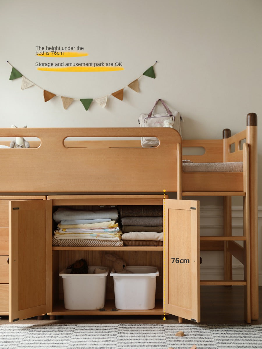 Solid Oak Wood Mid-High Bed with Slanted Ladder - Sturdy Adult Loft Bed for Small Spaces, Dorm Rooms & Modern Apartments