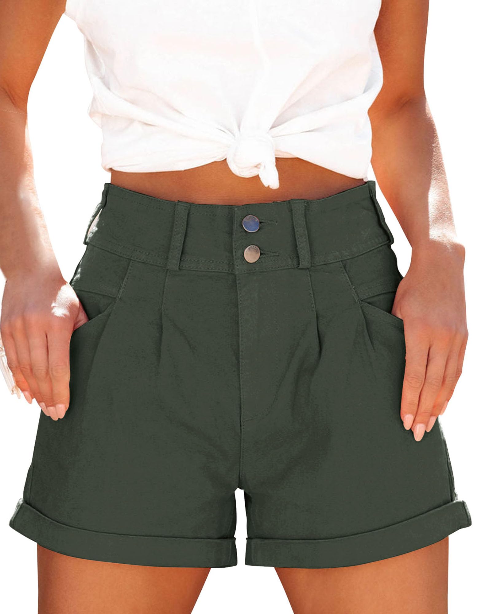 Orchidays Women's High Waisted Chino Bermuda Shorts with Folded Hem - Casual Summer Shorts for Women, Perfect for Beach, Vacation & Everyday Wear