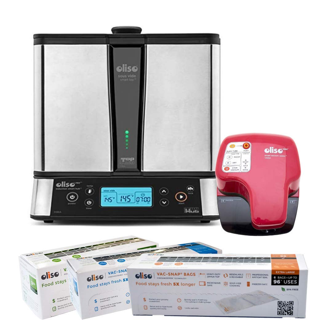 Oliso SmartTop & SmartHub Induction Cooktop Sous Vide Cooking System with 11 Quart Capacity + Oliso Pro VS95A Smart Vacuum Sealer (Red) + VAC-SNAP Bags (Jumbo, Large, Medium) - Perfect for Home Sous Vide Cooking, Meal Prep & Food Preservation