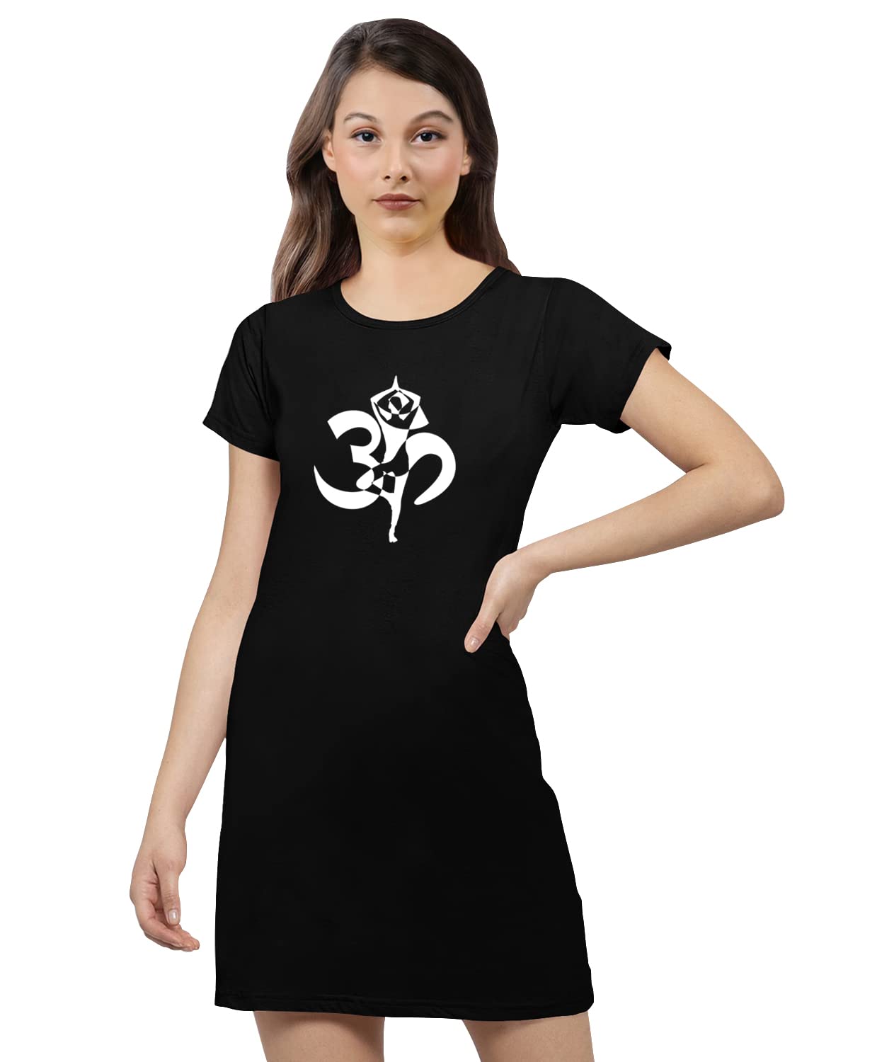OPLU Women's Regular Fit Knee-Length Om Symbol Yoga Pose Printed Cotton Round Neck Half Sleeve T-Shirt for Yoga, Gym, Workout & Fitness | Comfortable Casual Wear for Meditation & Active Lifestyle