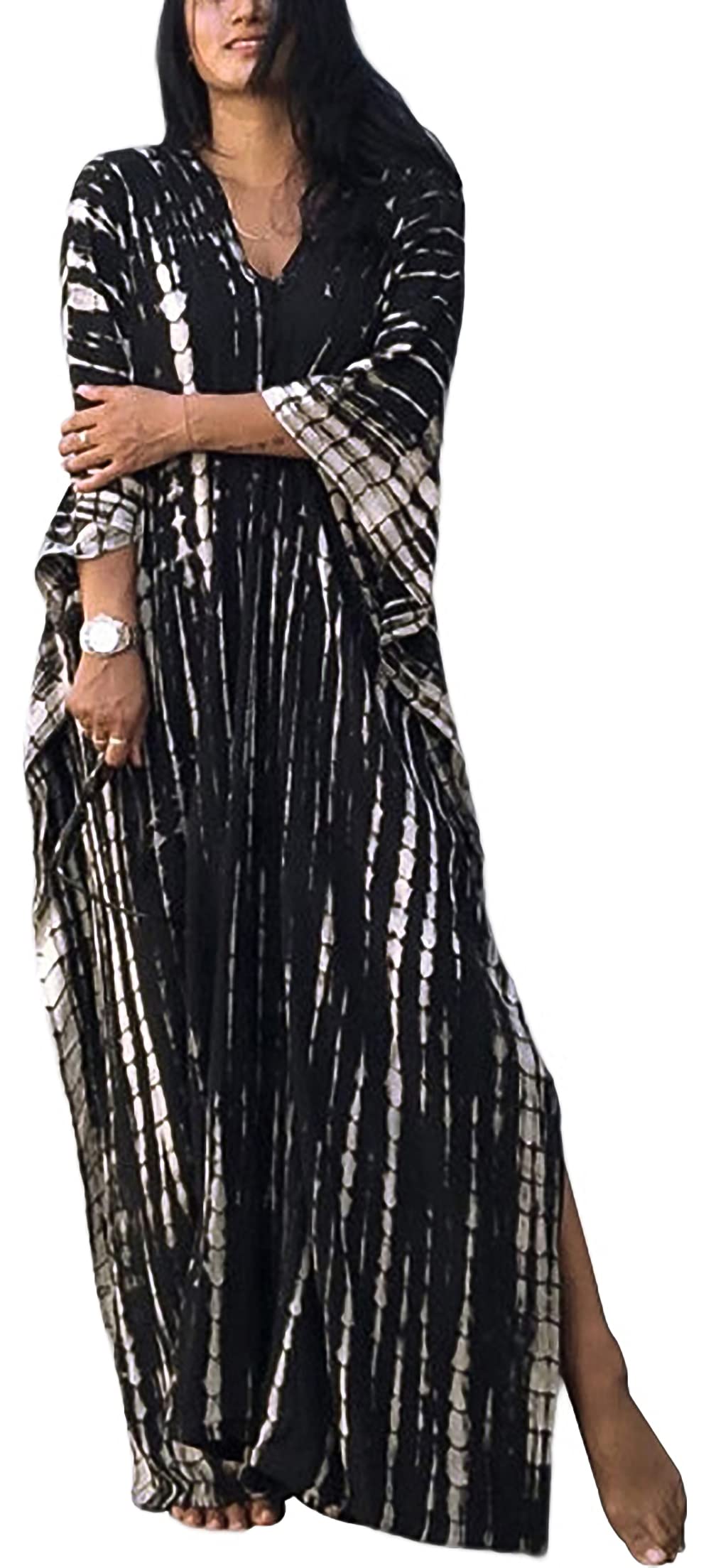 FEOYA Women's Bohemian Swim Cover Up - Printed V-Neck Kaftan Dress with Side Slit | Beachwear for Pool, Vacation & Summer Outfits