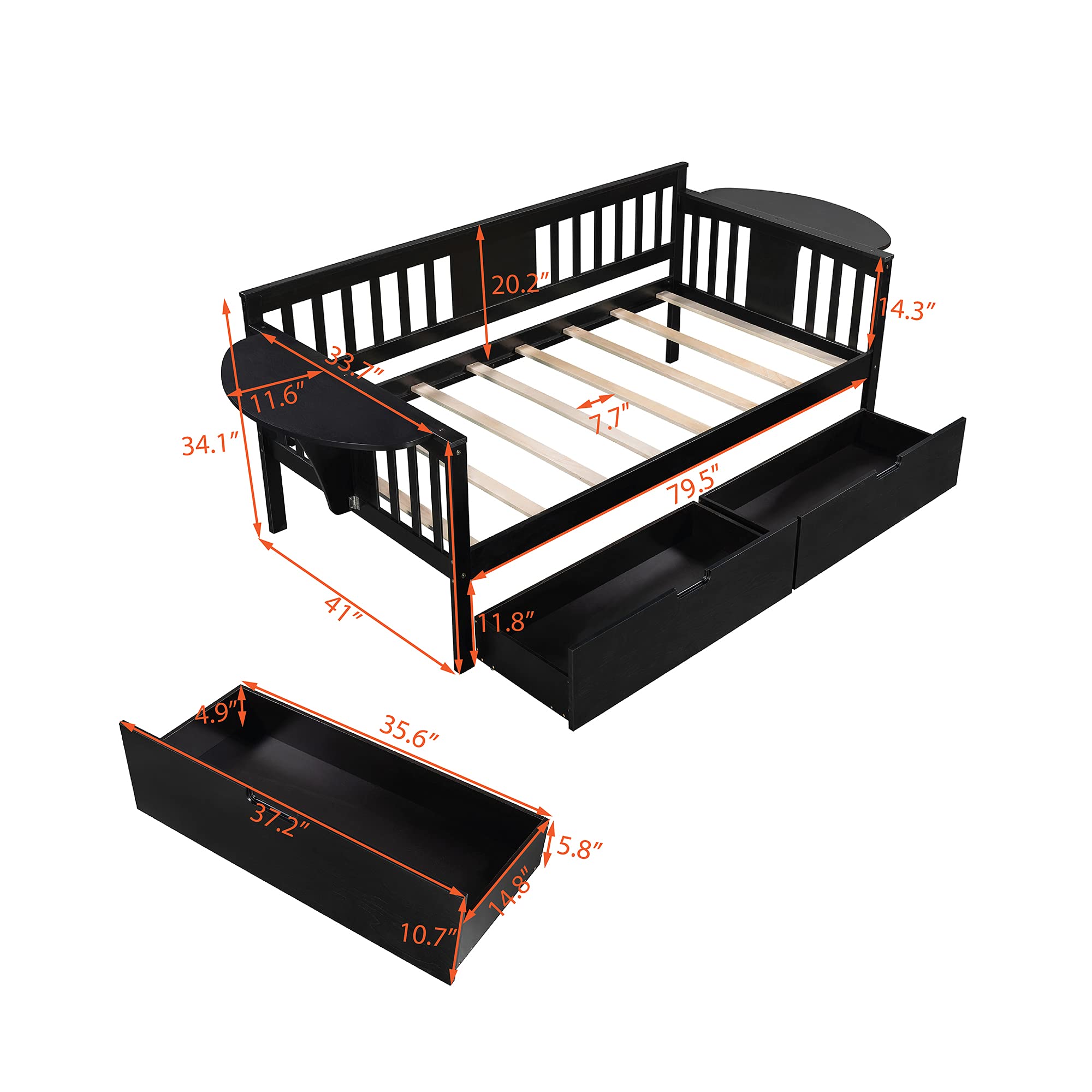 Solid Wood Daybed with 2 Folding Tables & 2 Drawers - Twin Size Multi-Functional Bed Frame for Kids, Teens & Guest Rooms - No Box Spring Needed - Perfect for Small Spaces, Sleepovers & Home Office Use