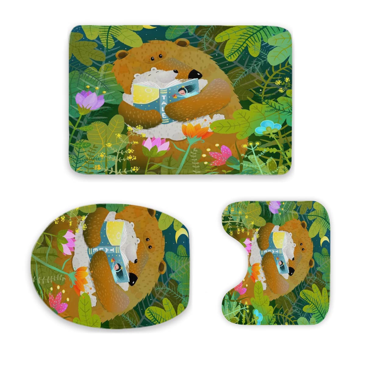 3-Piece Bathroom Rug Set - Ultra Soft Non-Slip Toilet Mat & Absorbent Floor Carpet with Adorable Mother Bear Reading Book to Cub Design - Perfect for Bathroom, Nursery, or Kids' Room Decor (Washable & Durable)