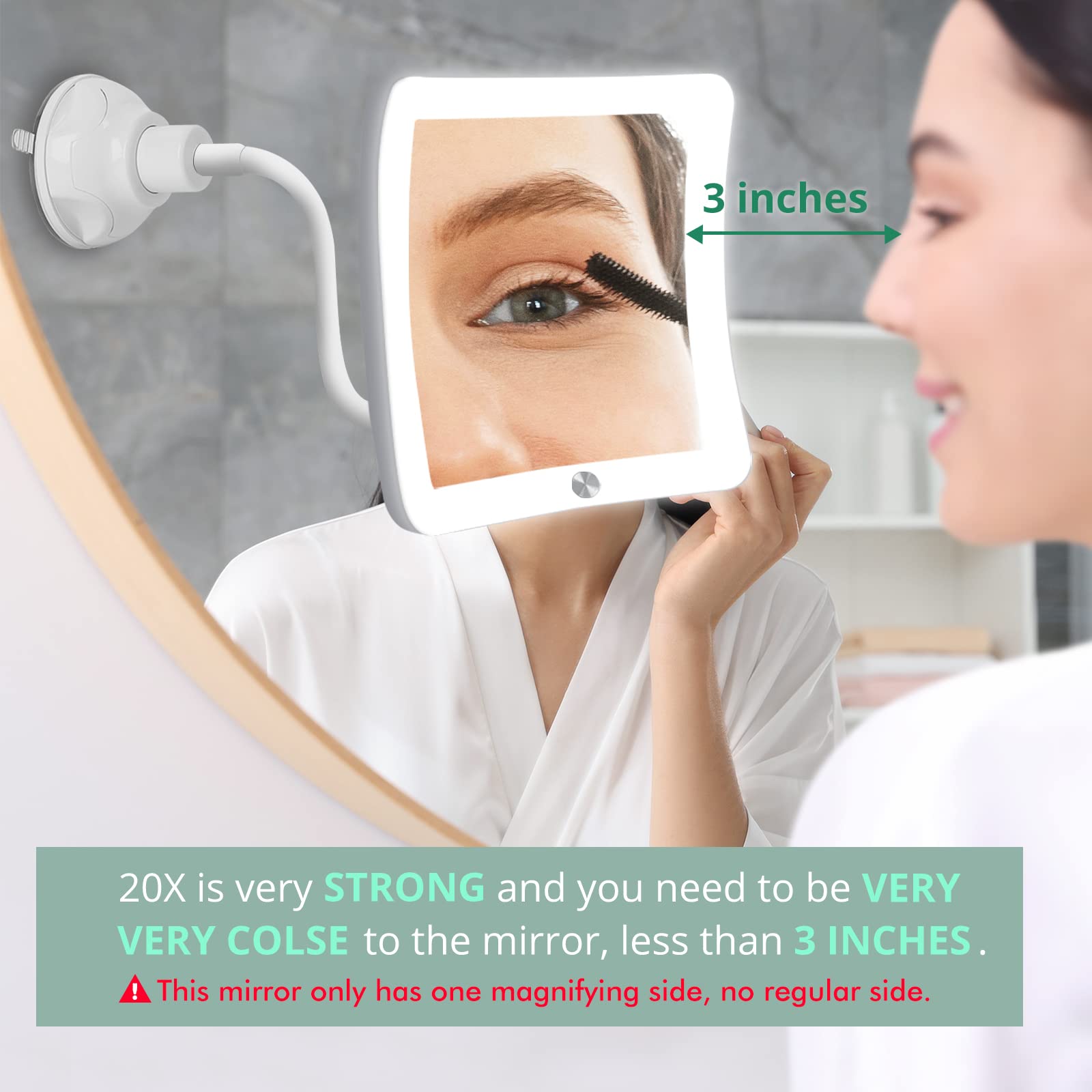 Fabuday 20X Magnifying Makeup Mirror with LED Lights - Flexible Gooseneck, Suction Cup & Portable Design for Bathroom, Vanity & Travel | Square Lighted Mirror for Precision Makeup, Skincare & Grooming