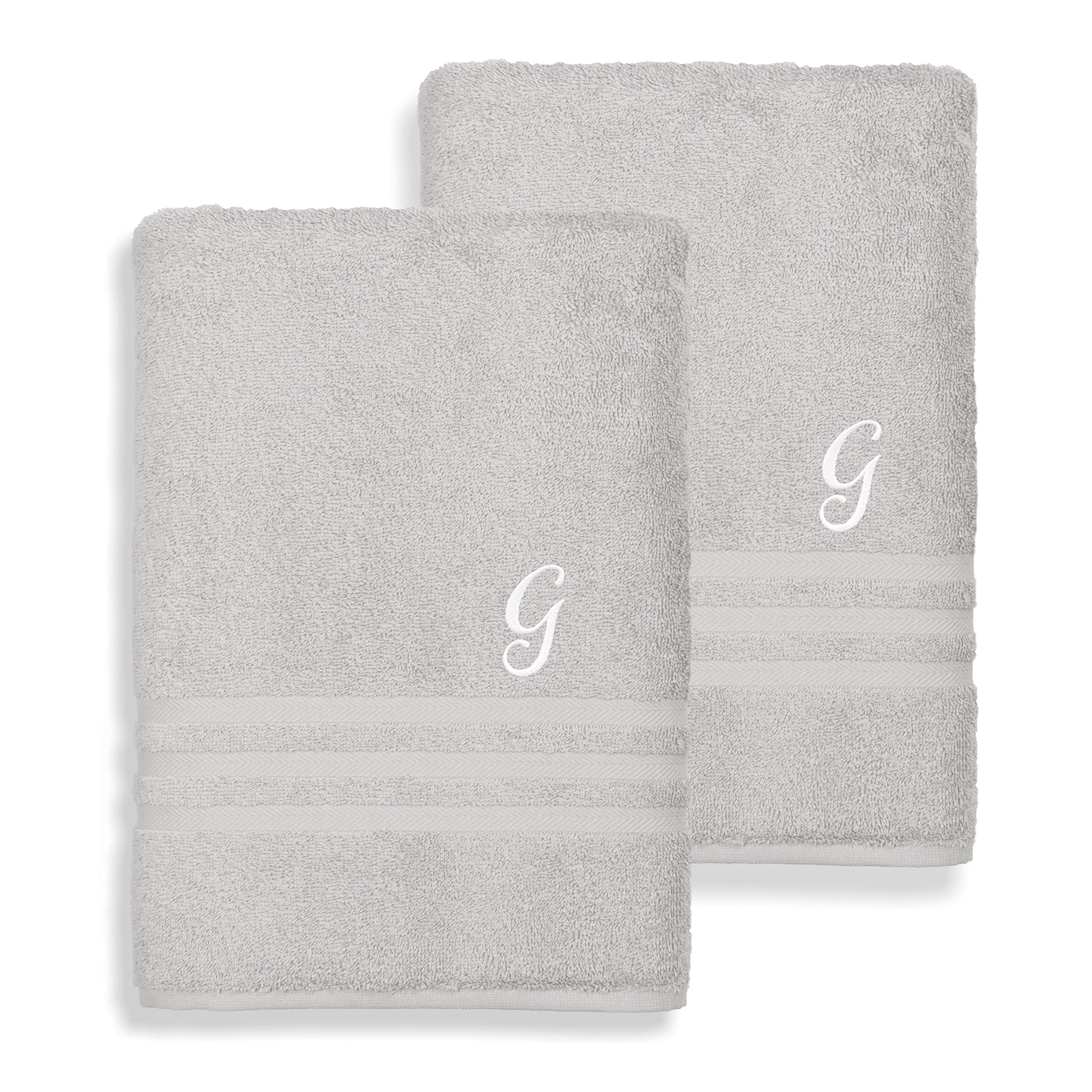 Premium Omni Turkish Cotton Bath Towel Set of 2 - Ultra Soft & Absorbent Grey Towels with White Monogram Initial - Perfect for Spa, Bathroom & Luxury Home Decor (Grey/White)