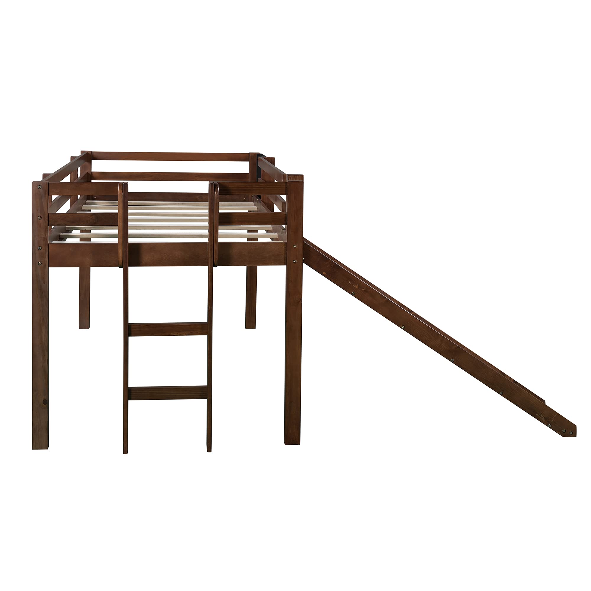 Harper & Bright Designs Twin Loft Bed with Slide - Wooden Low Loft Bed for Kids with Chalkboard, Ladder & Safety Guardrail - Space-Saving Kids Bed Frame for Small Bedrooms, Playrooms & Guest Rooms (Twin Size, Walnut Finish) - Perfect for Sleepovers, Playtime & Room Organization