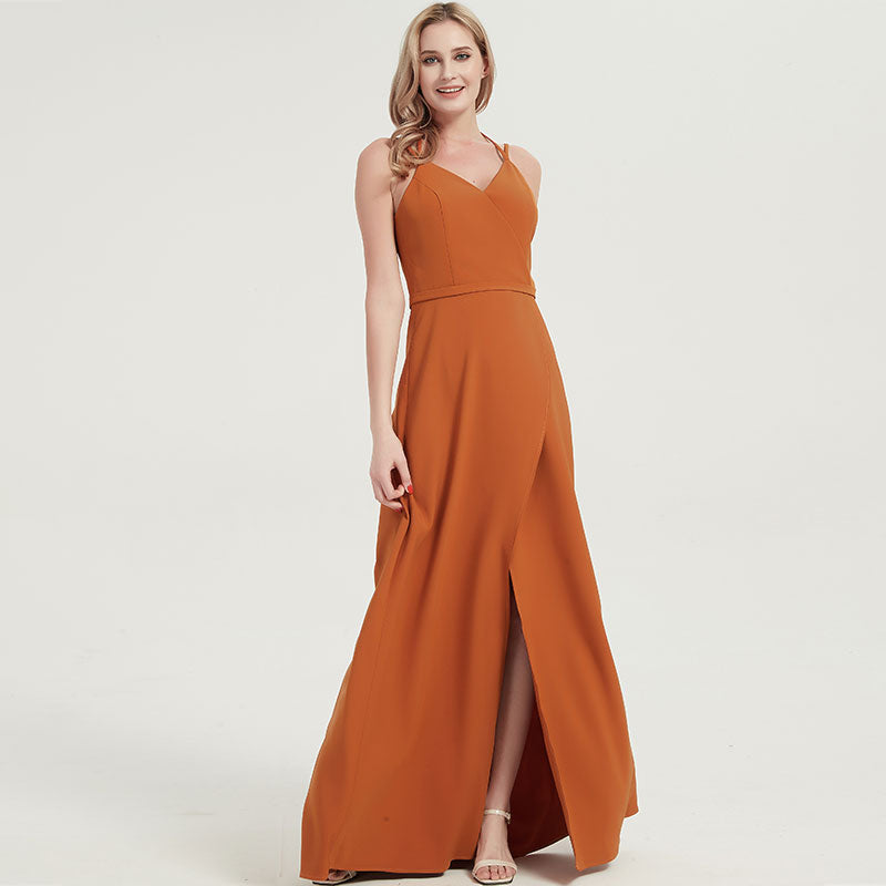 Elegant Burnt Orange V-Neck Long Bridesmaid Dress with Spaghetti Straps - Perfect for Weddings, Formal Events & Evening Parties
