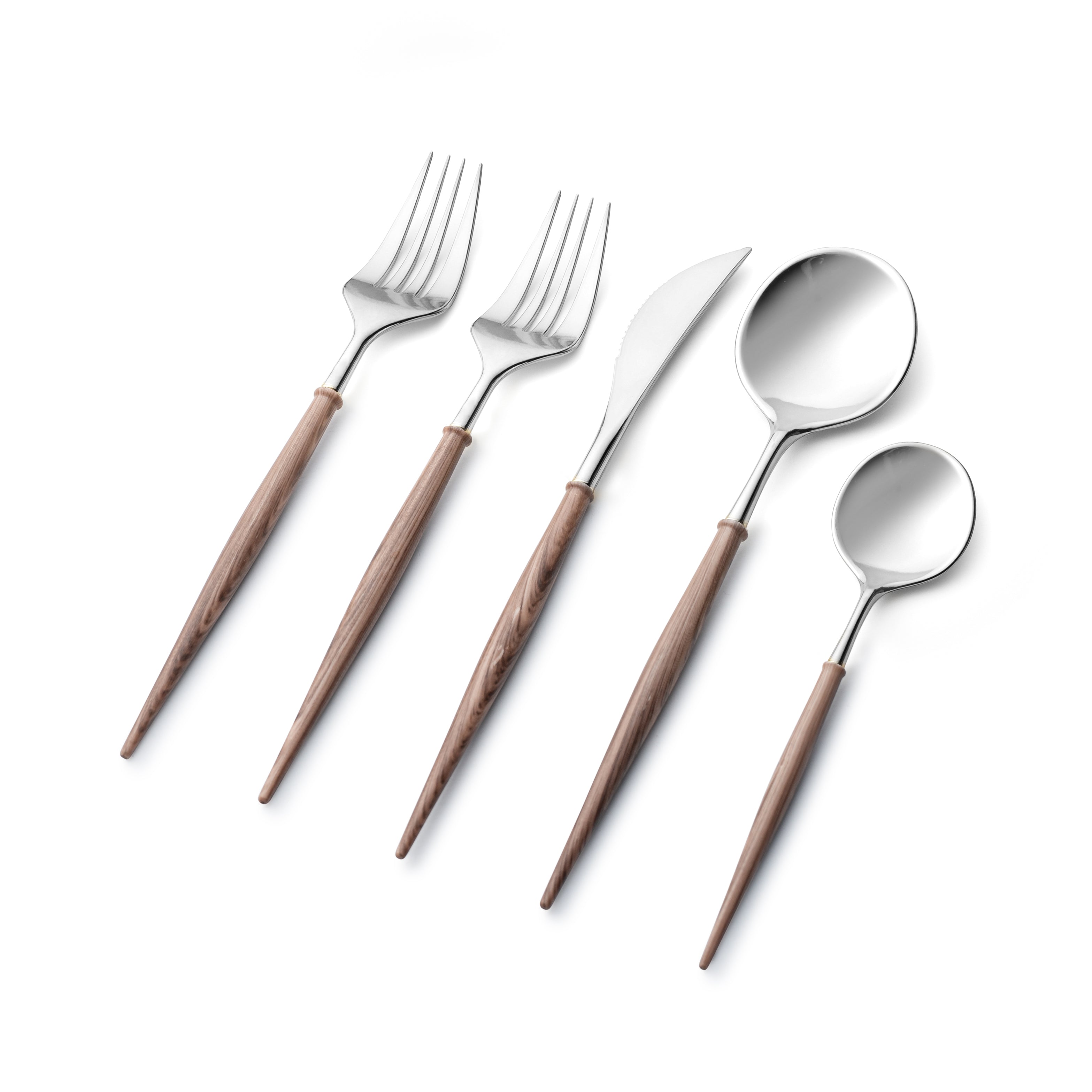 Premium 40-Piece Silver and Wood Flatware Set for 8 - Elegant Stainless Steel Cutlery with Wooden Handles - Perfect for Dinner Parties, Weddings & Formal Dining